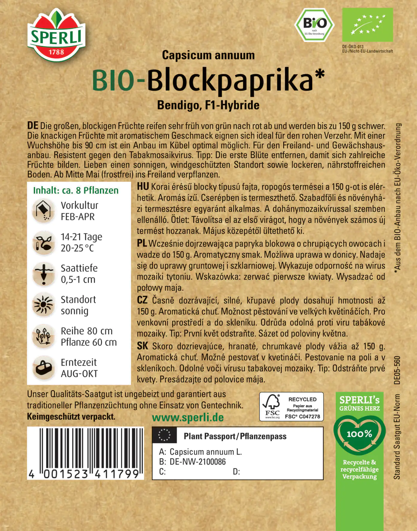 Sperli BIO Blockpaprika F1