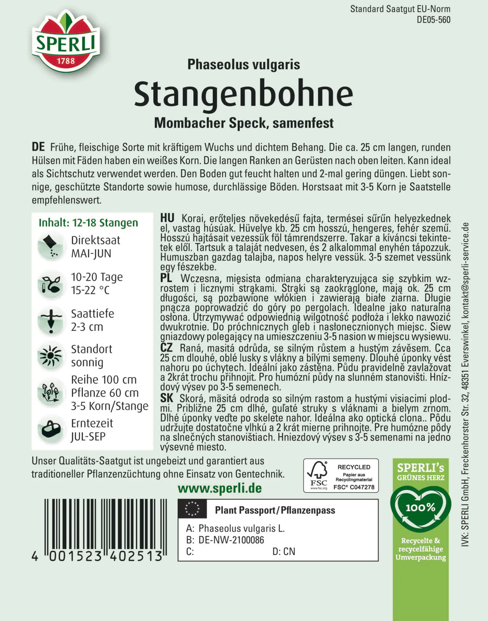 Sperli Saatgut Stangenbohnen Mombacher Speck für ca. 13-18 Stangen
