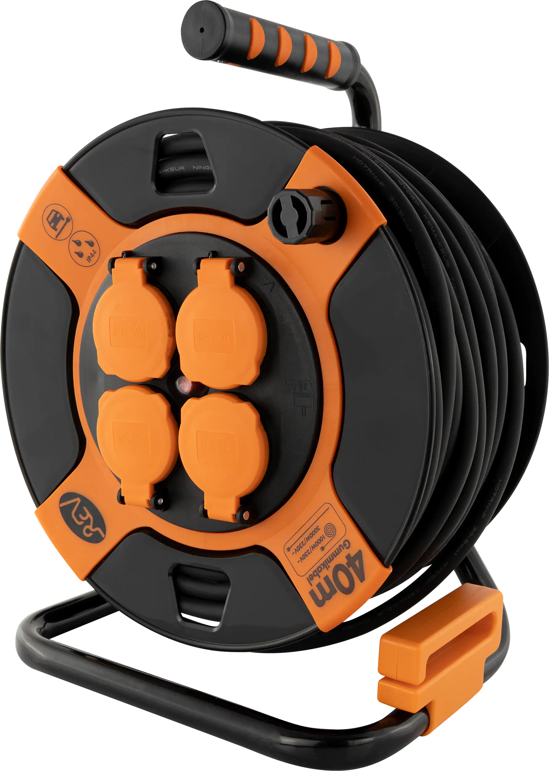 REV Kabeltrommel Außen 40 m H07RN-F3x1,5 mm², orange schwarz, 4x Schutzkontaktstecker