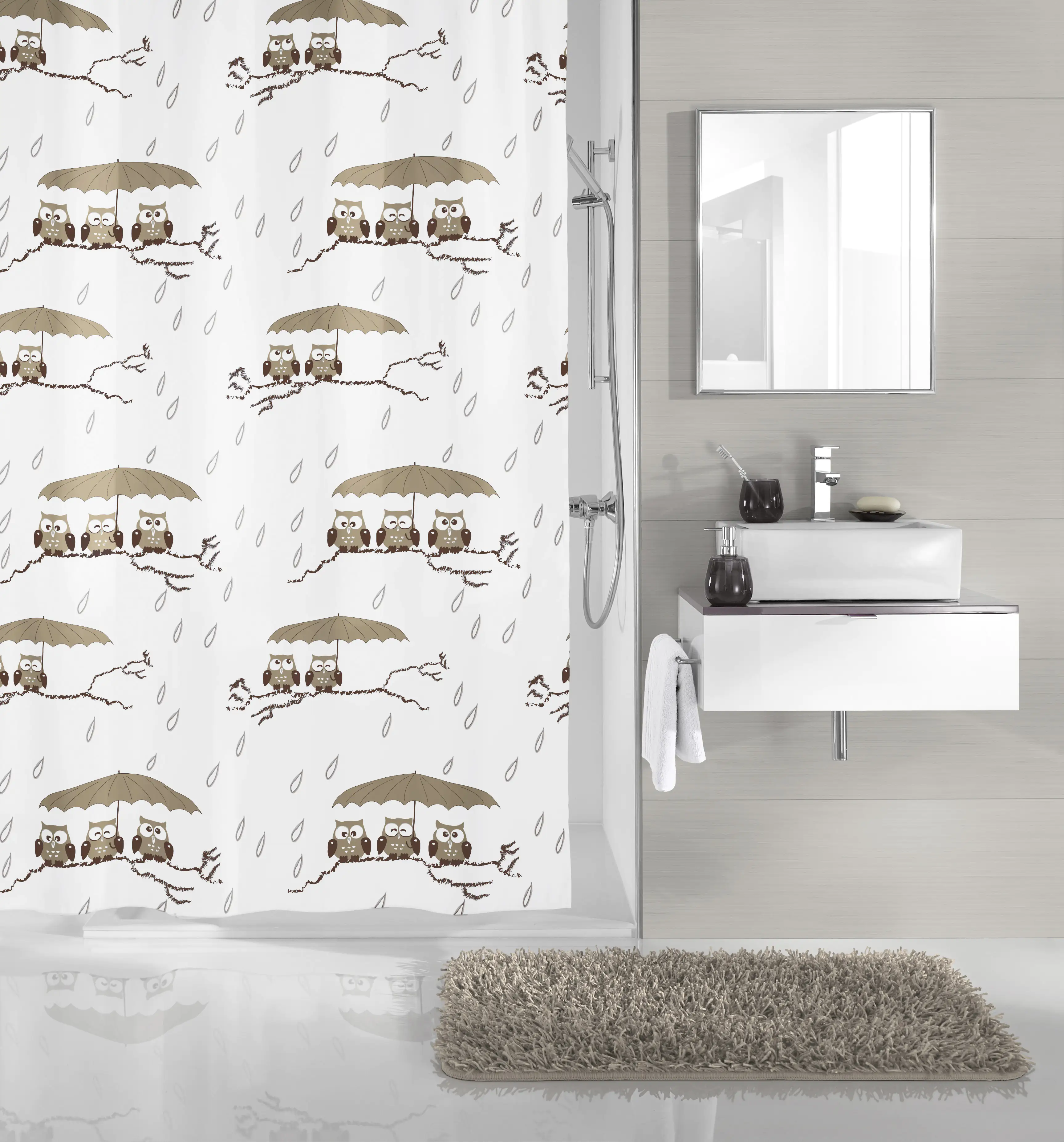 Kleine Wolke Duschvorhang Eulen taupe, 180x200 cm