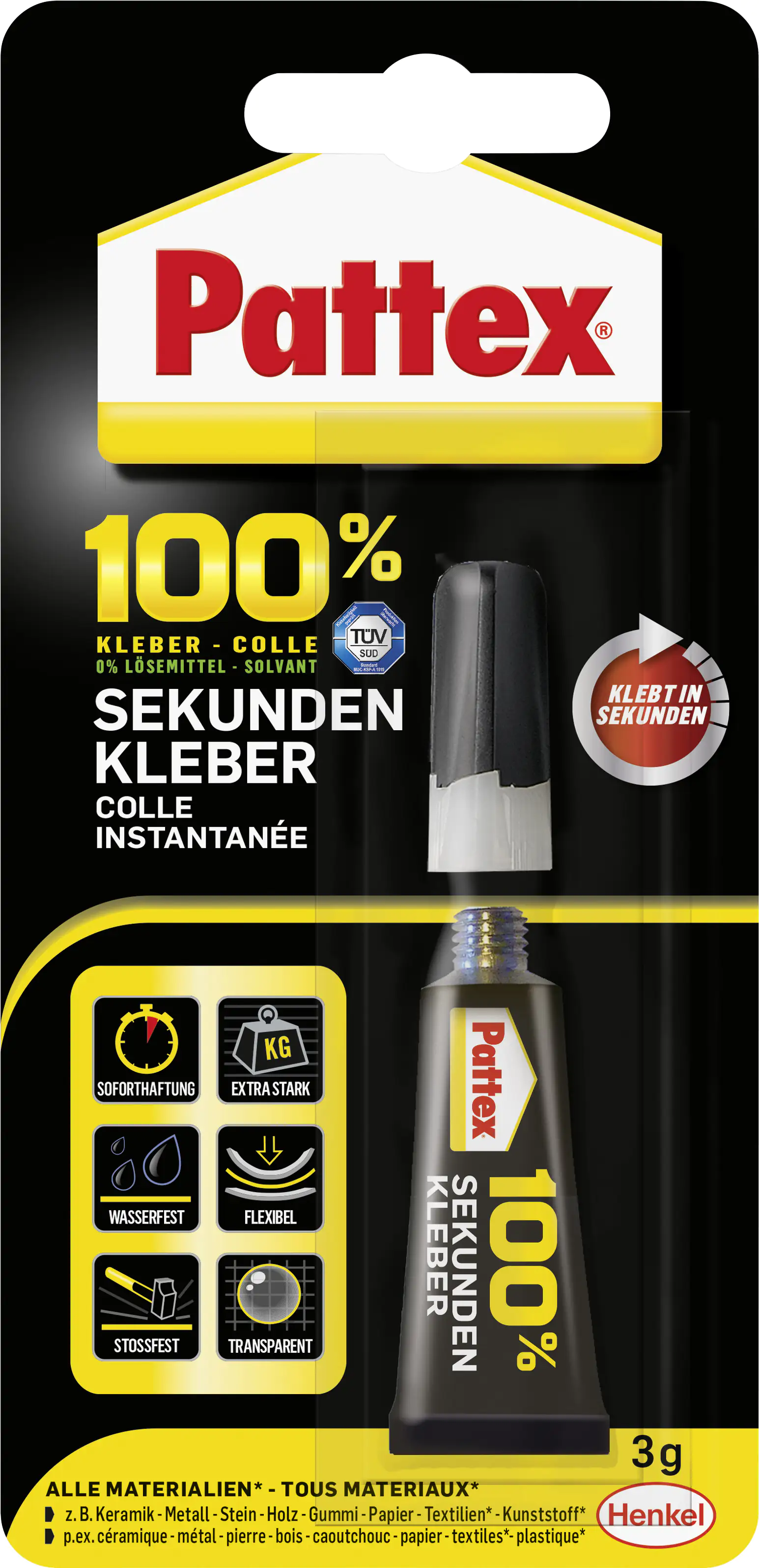 Pattex 100% Sekundenkleber 3 g Tube, transparent