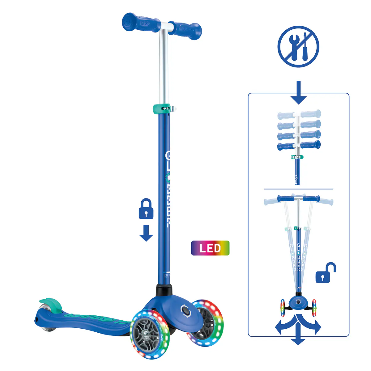 Globber Scooter für Kinder mit Leuchtrollen Primo Plus Lights dunkelblau