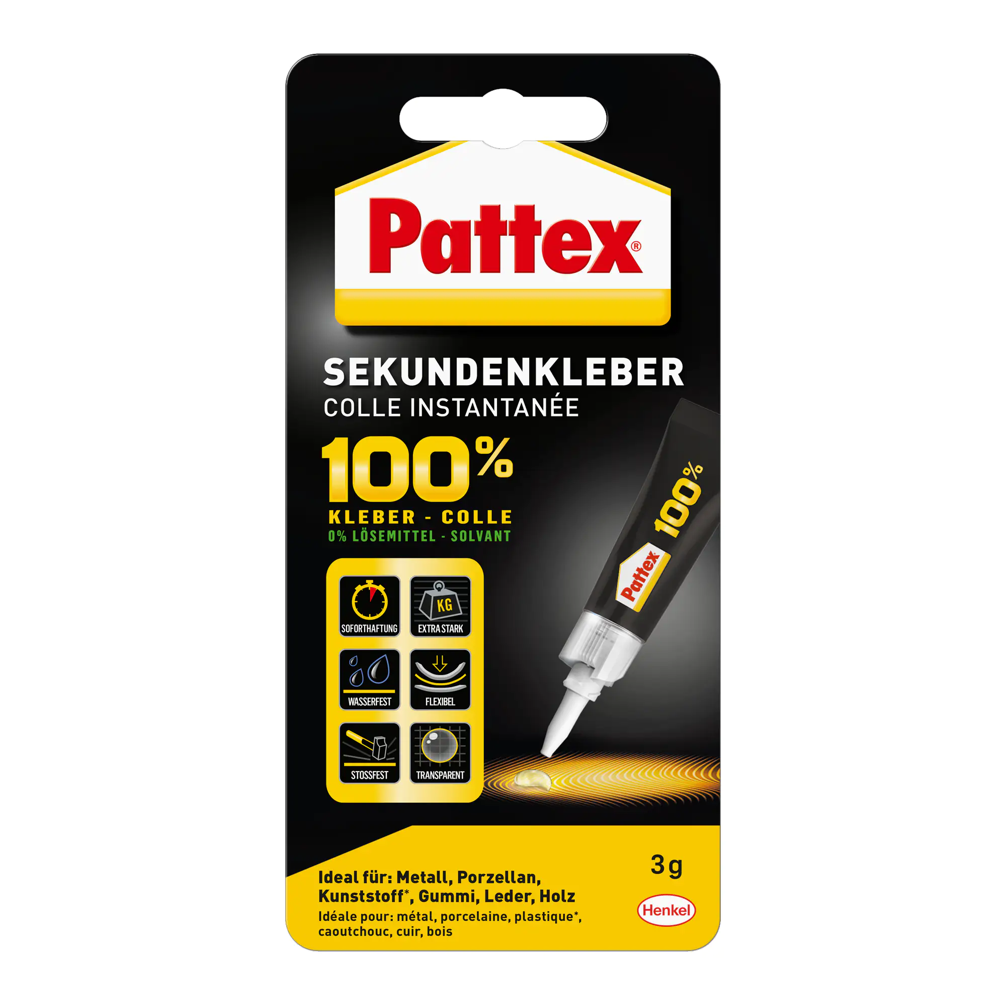 Pattex 100% Sekundenkleber 3 g Tube, transparent