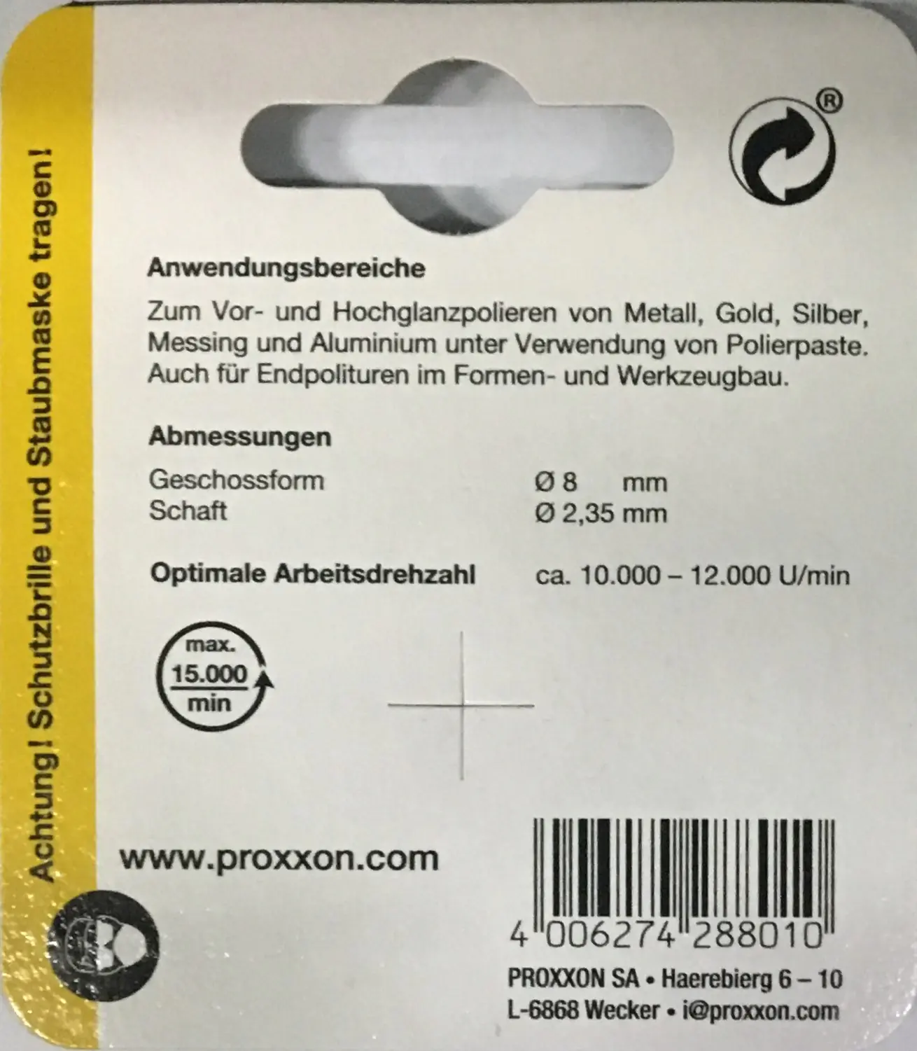 Proxxon Micromot Filzpolierstift Geschoss 8 x 15 mm