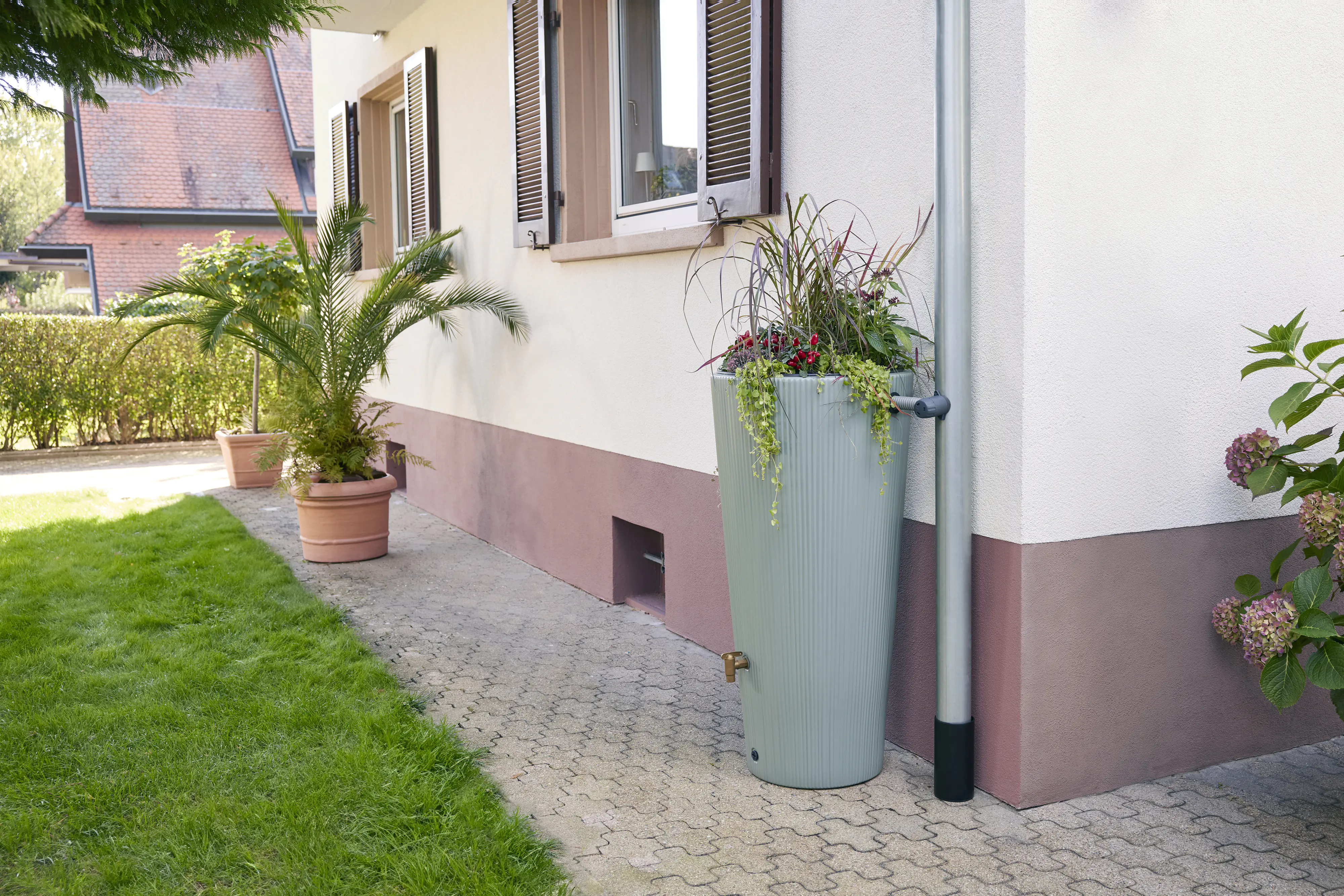 4rain Regenspeicher Vaso 2 in 1 Decor 220 L agave mit Pflanzschale