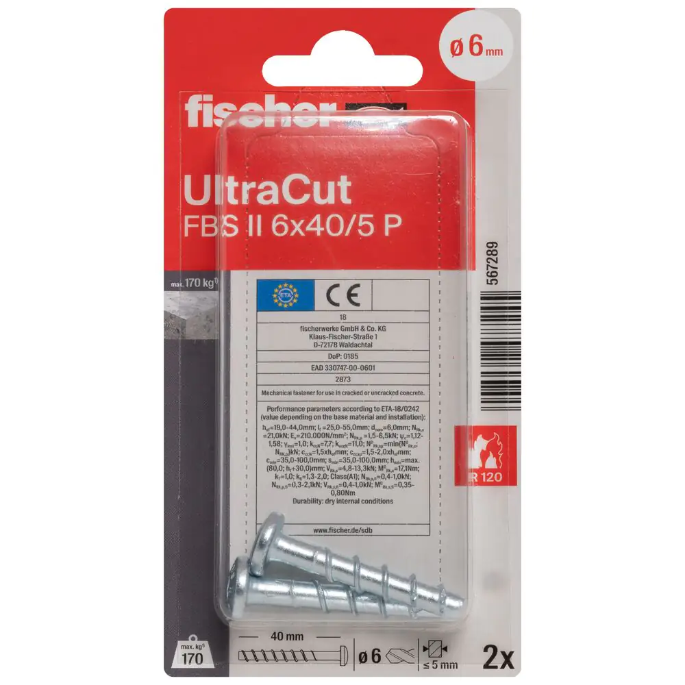 fischer Betonschraube UltraCut FBS II 6 x 40/ 5 Panhead - 2 Stück