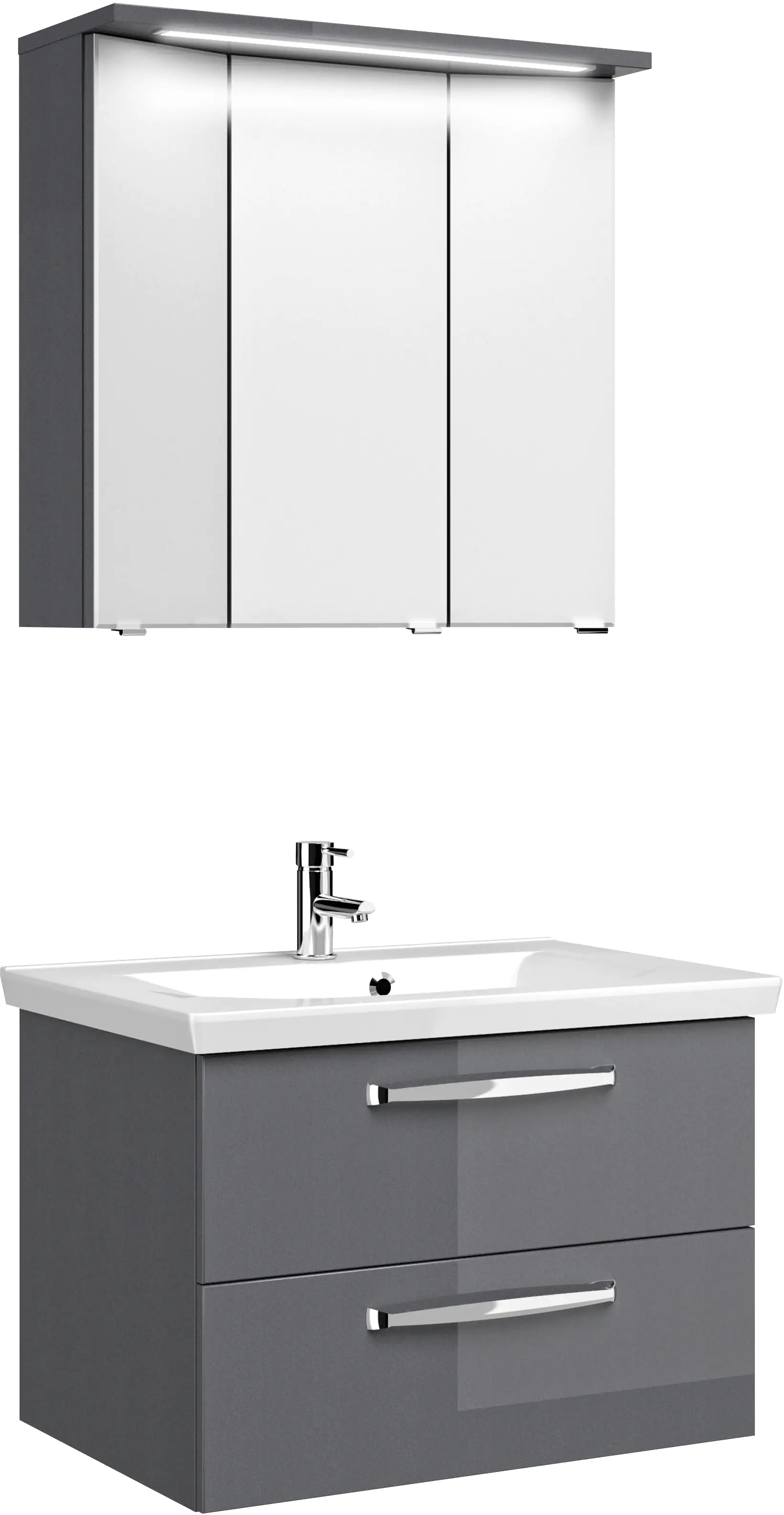 Pelipal Badmöbel-Set Trentino Anthrazit Hgl mit Mineralmarmor-Waschtisch + Kranz-Leuchte 80 cm