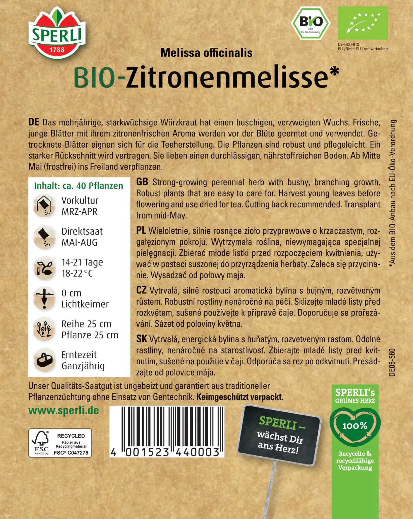 Sperli BIO Zitronenmelisse