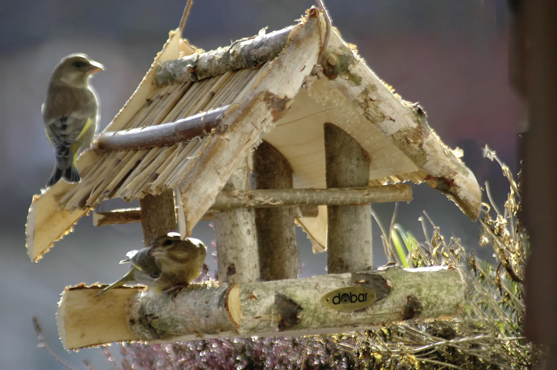Dobar Vogelfutterhaus Birkenholz mit Bambusdach 30 x 40 x 25 cm 