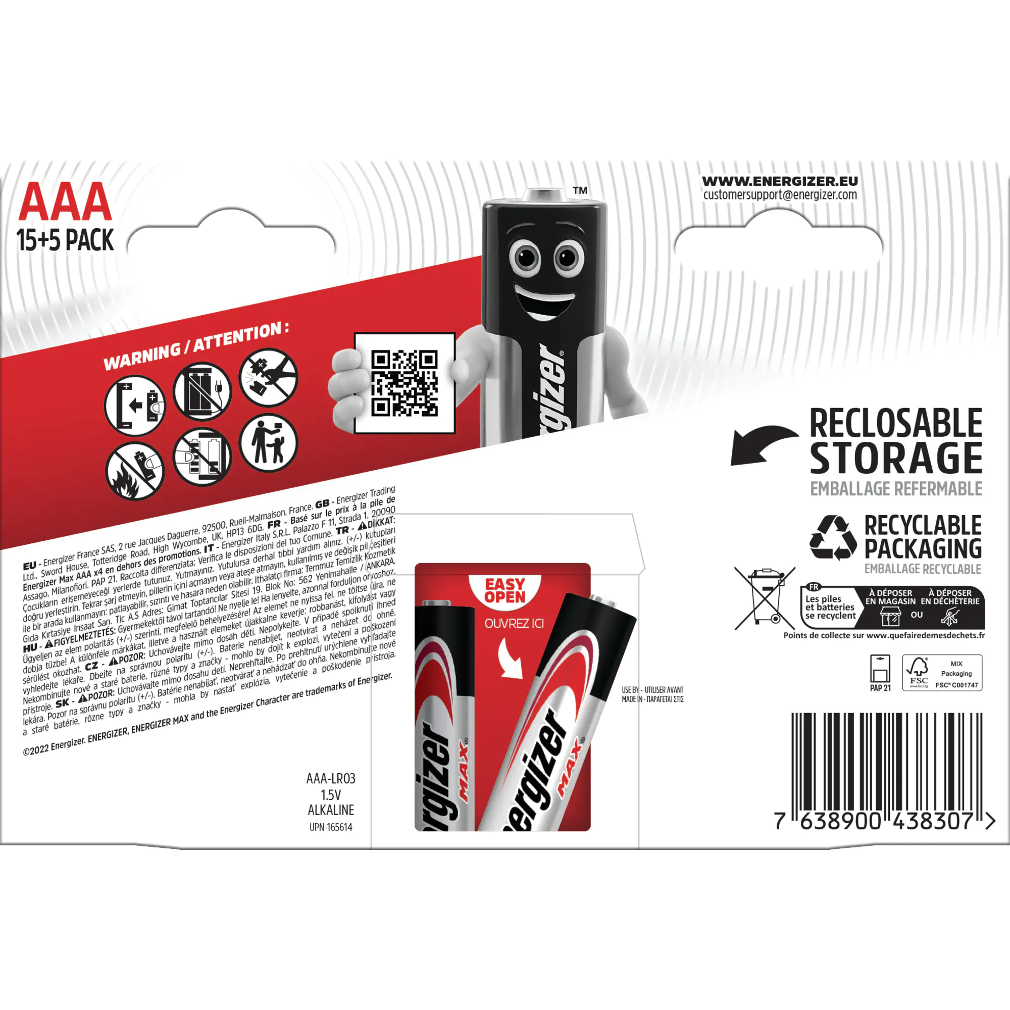 Energizer Max Alkaline Batterie Micro AAA 1,5 V, 15 + 5er Pack