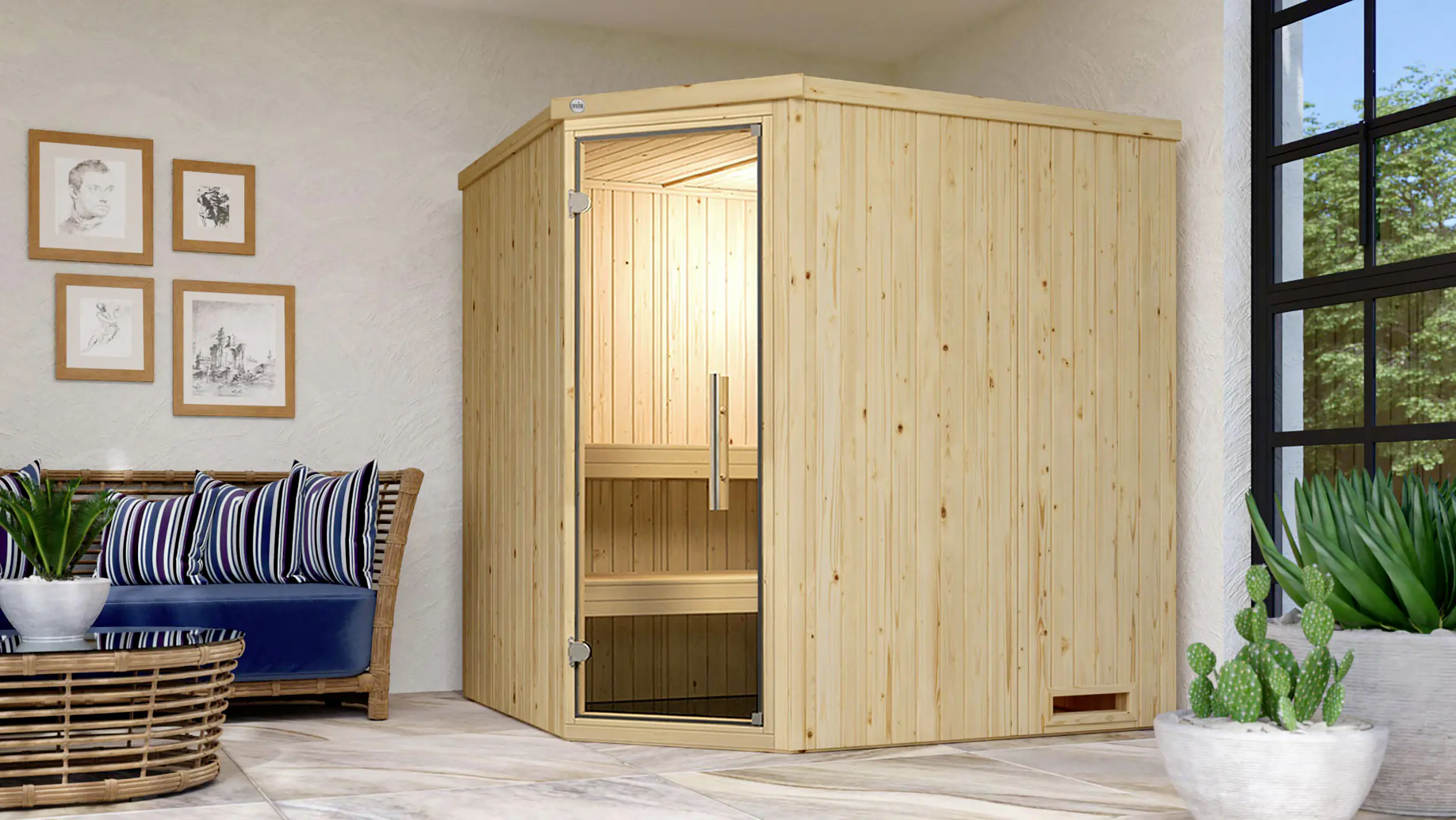 Weka Element-Ecksauna Varberg 2 mit Glastür