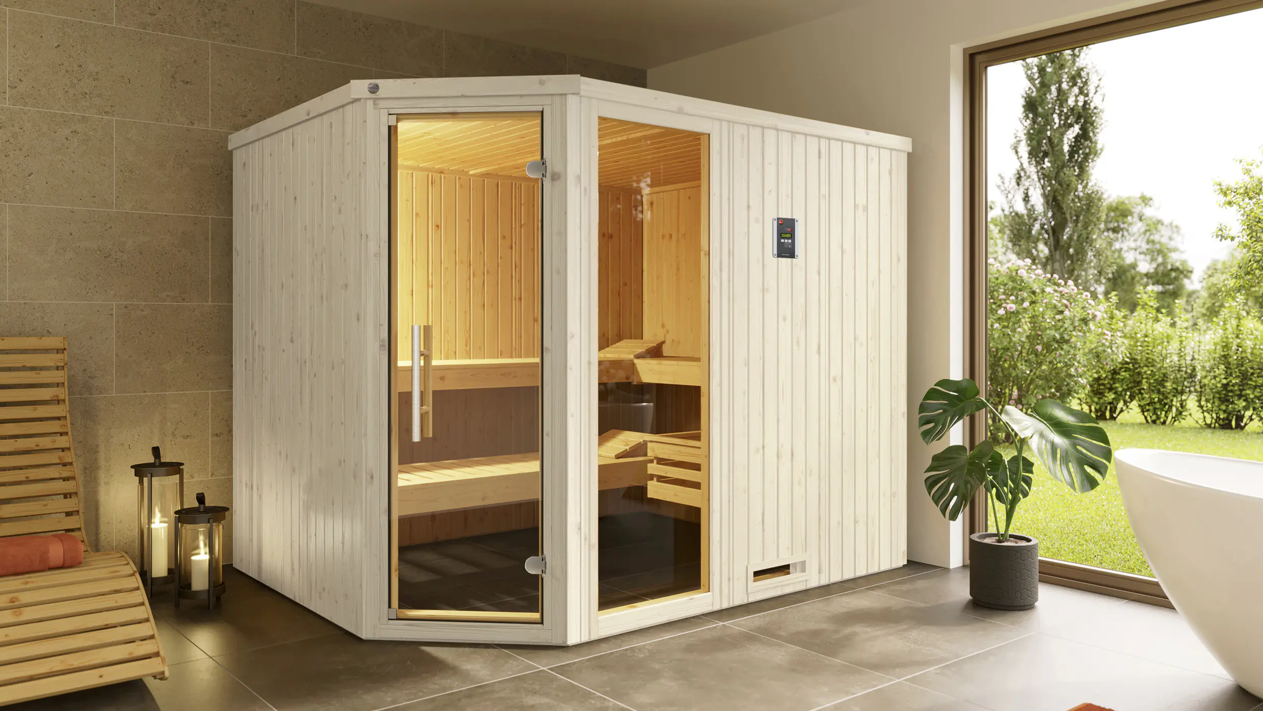 Weka Sauna Varberg 4 mit Glastür & Fenster 4,65 m² + 7,5 kW Ofen