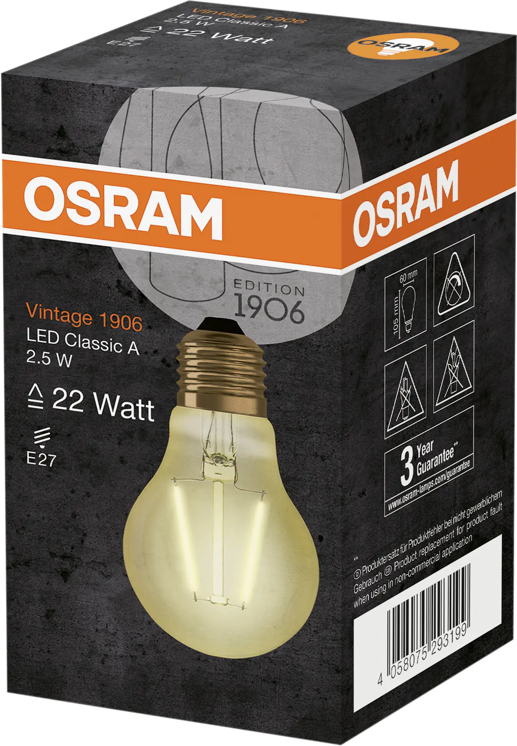 Osram LED Leuchtmittel Vintage 1906 Clas A 22 E27 2,5W warmweiß, amber