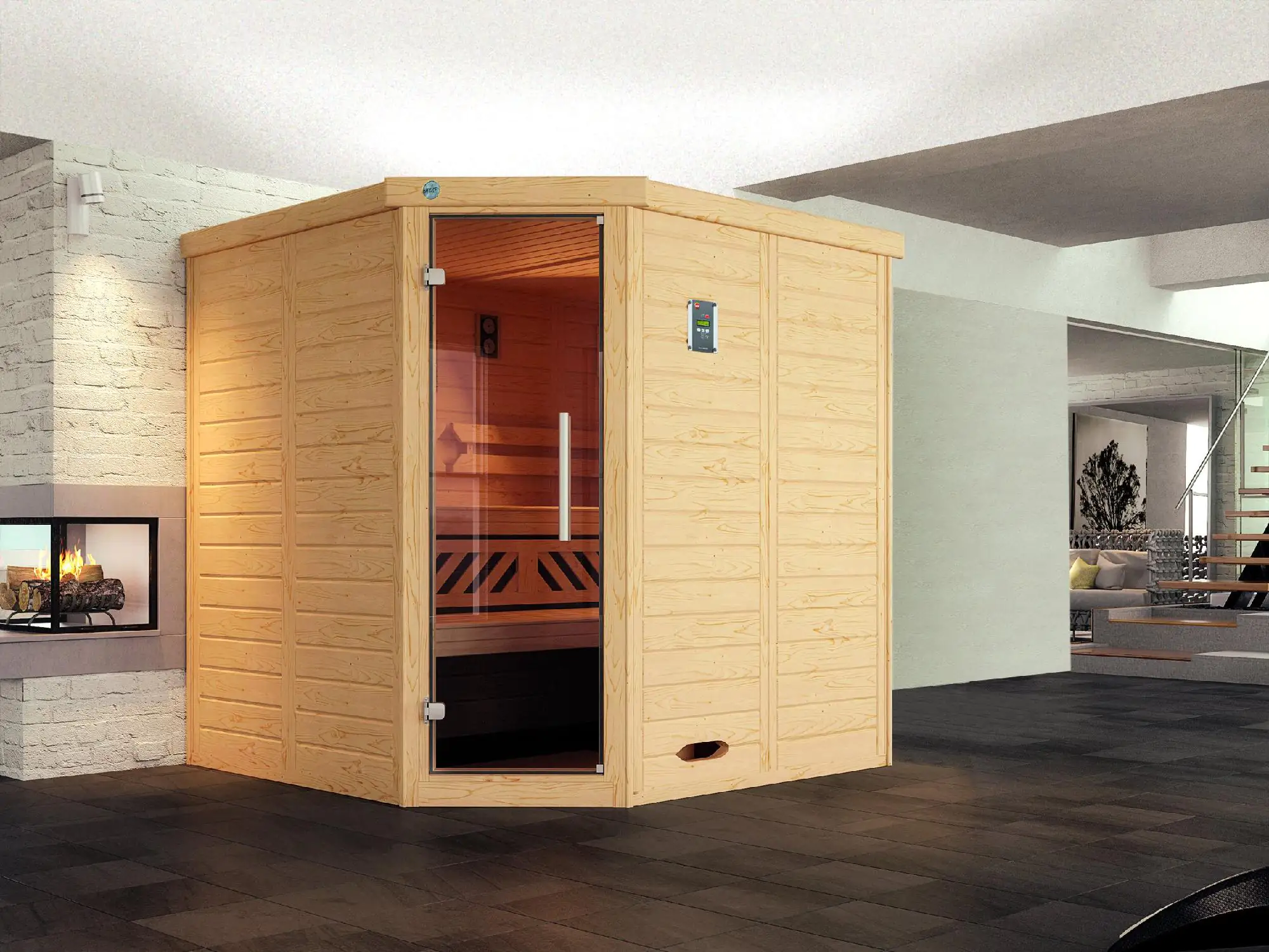 Weka Massivholz-Eck-Sauna Kemi Eck 2 mit Glastür