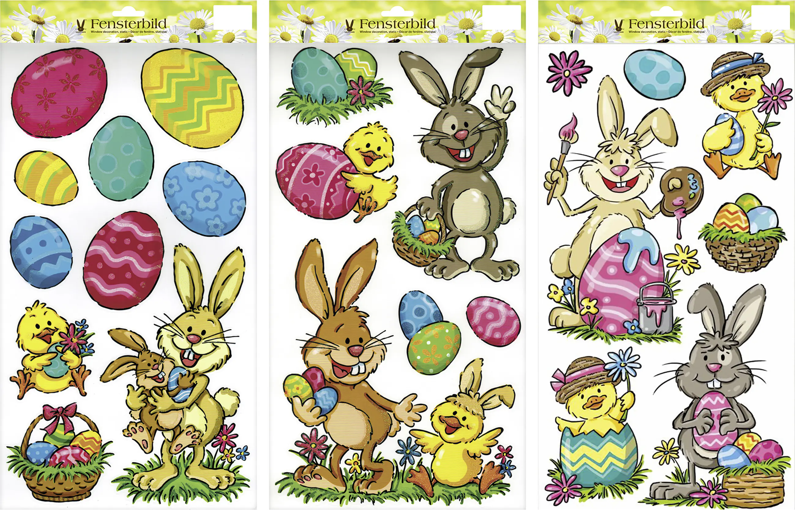 Fensterbild Ostern mit Hasen, Küken und Eiern bunt