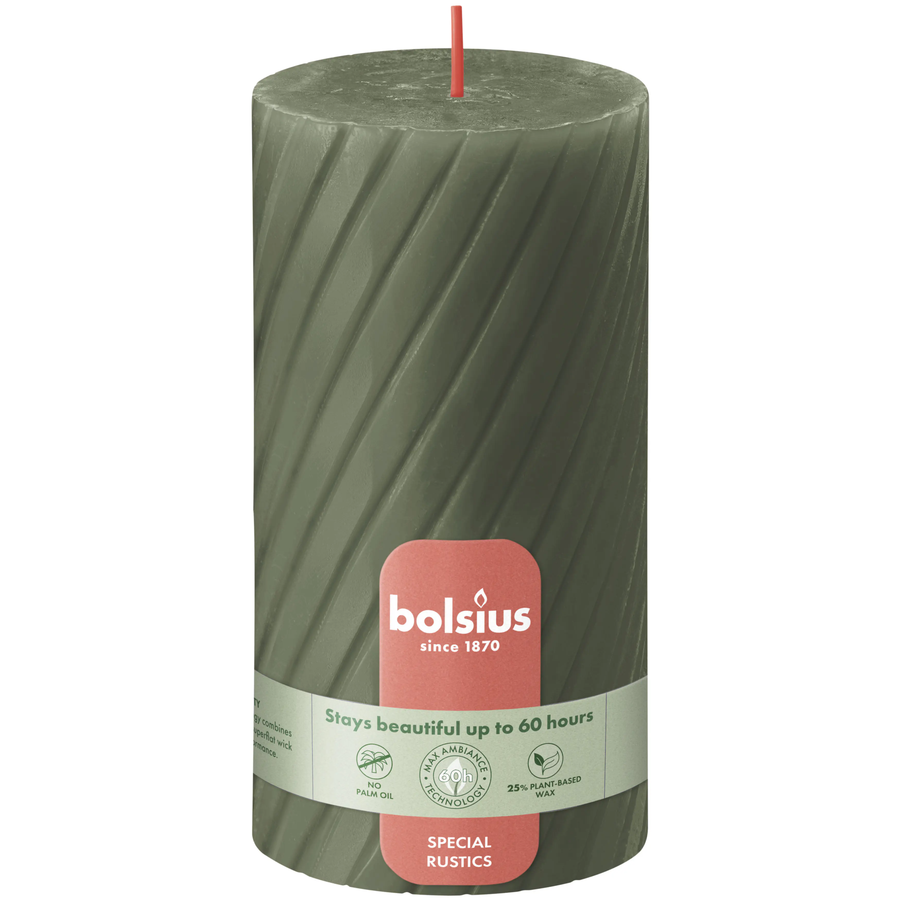 Bolsius Stumpenkerze Rustik geriffelt Ø 6,8 x 13 cm frische olive