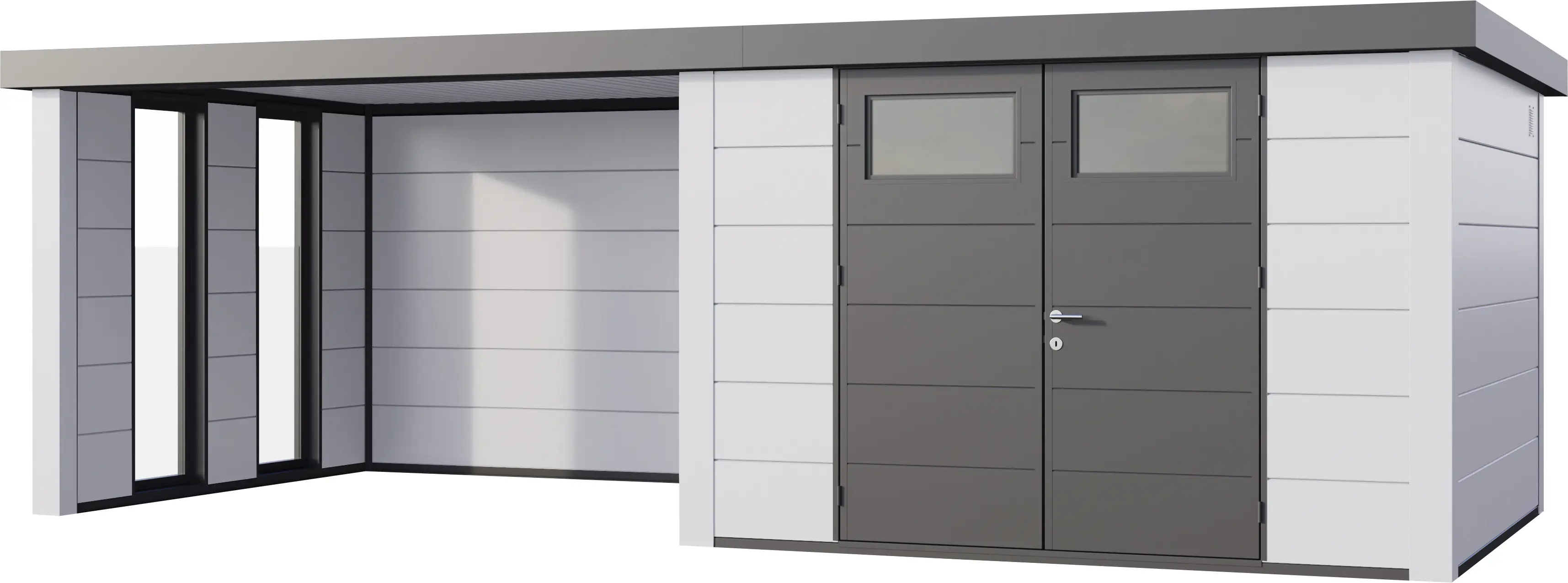 Telluria Gerätehaus Classico Lounge XL mit Fenstern 3330 links EW weiß 792 x 298 cm