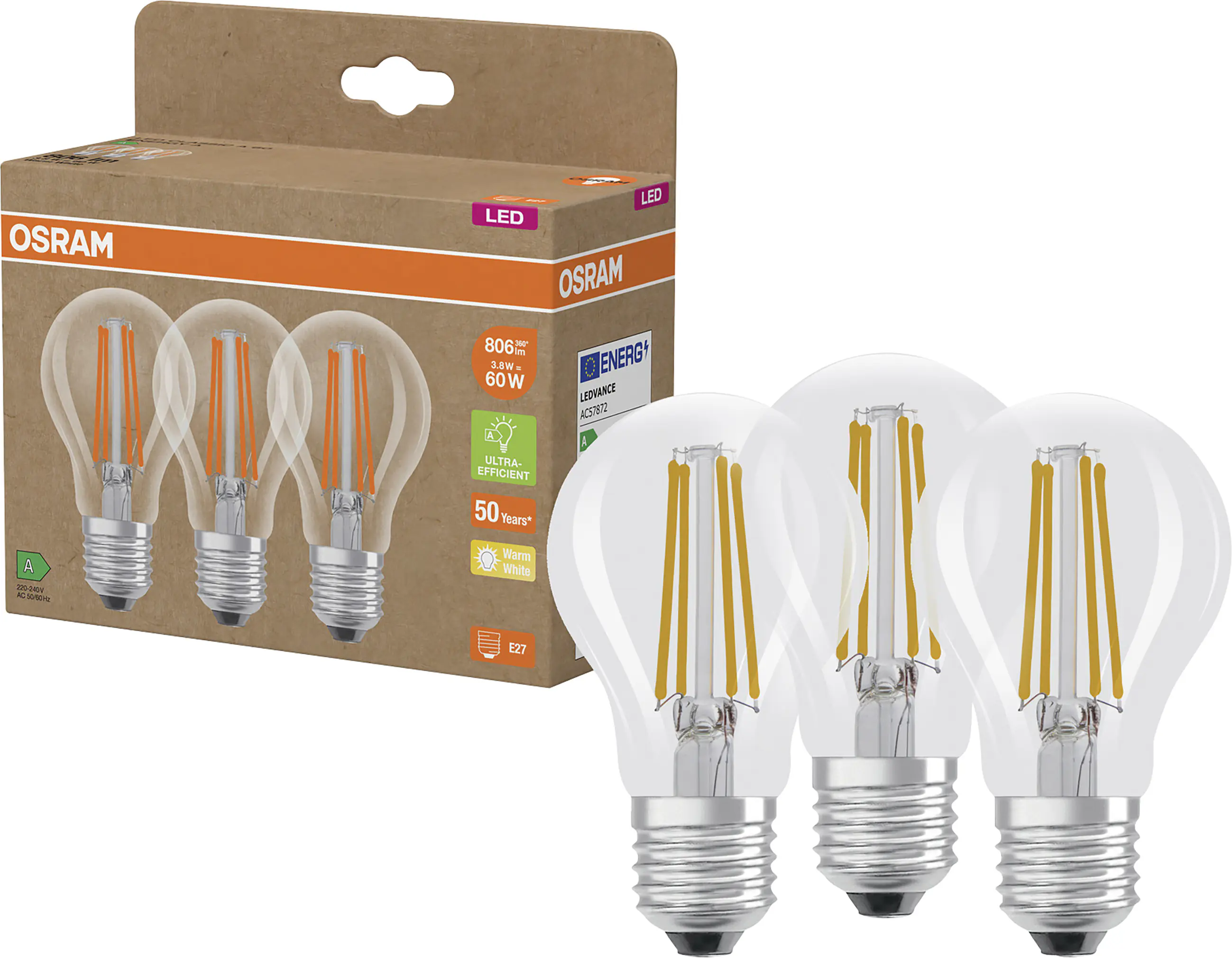Osram LED Leuchtmittel E27 3er Pack Classic 3,8W klar warmweiß