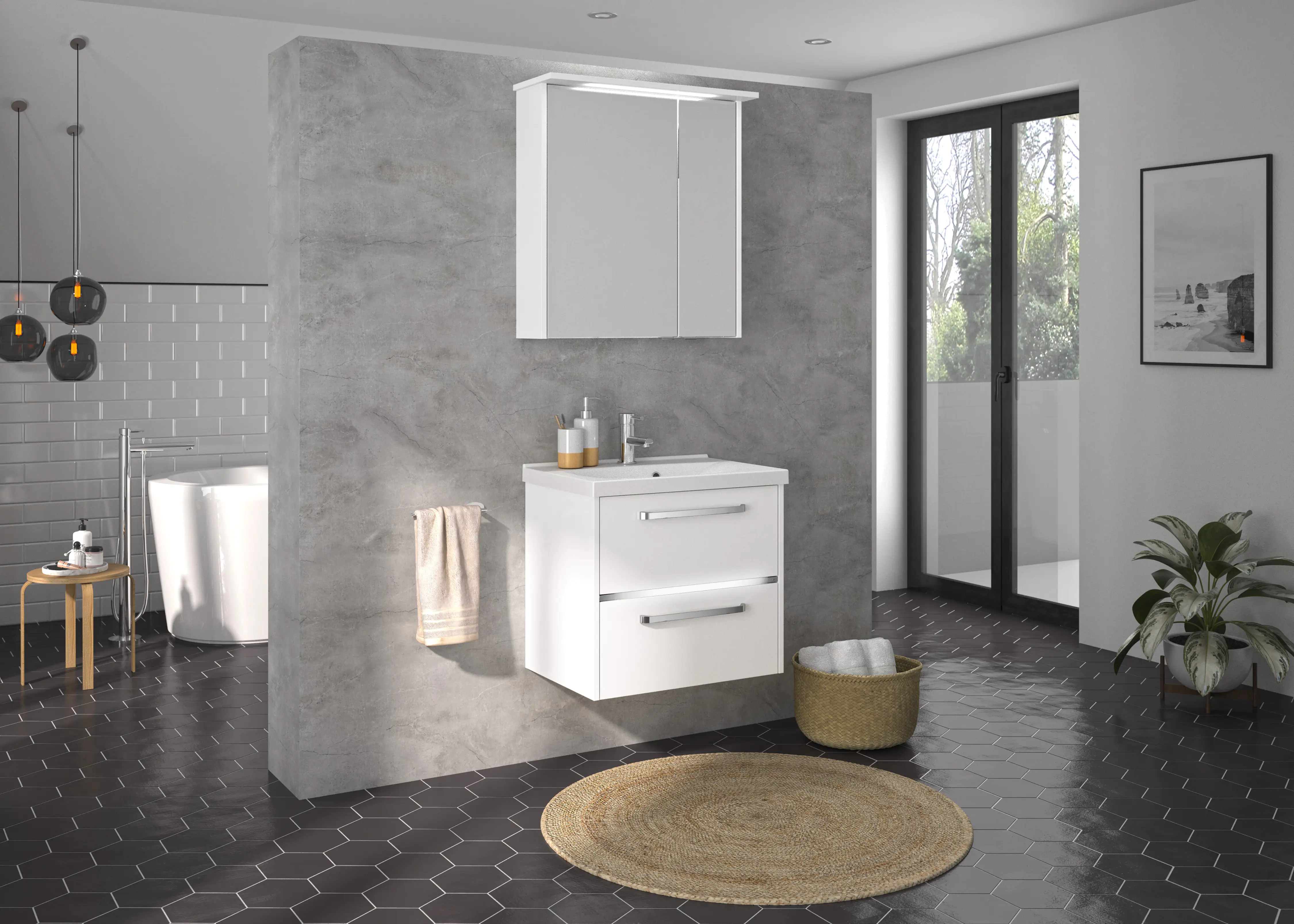 Primaster Badmöbel-Set Berlin weiß 65 cm Twin LED, Mineralgusswaschtisch