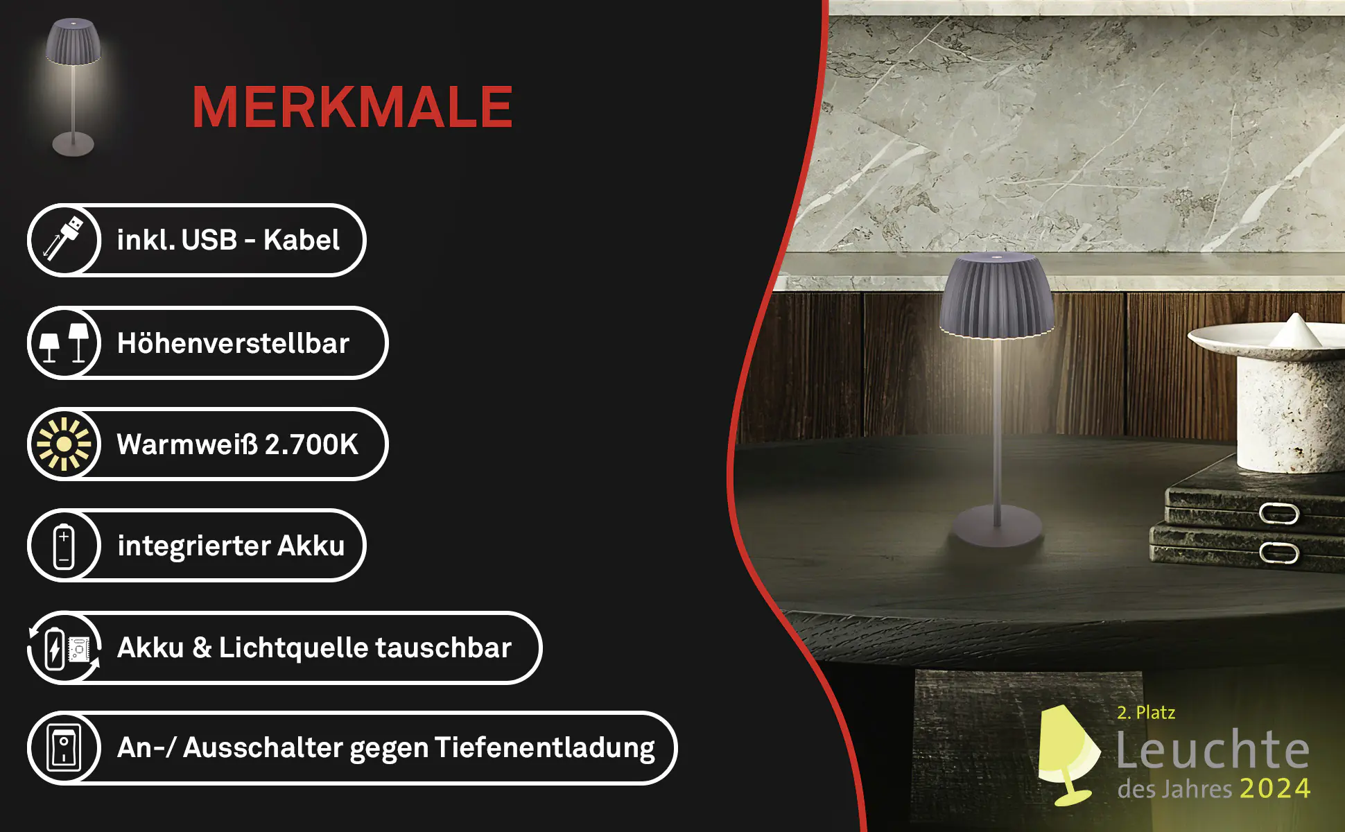 Briloner LED-Tischleuchte Riffle mit Akku anthrazit dimmbar