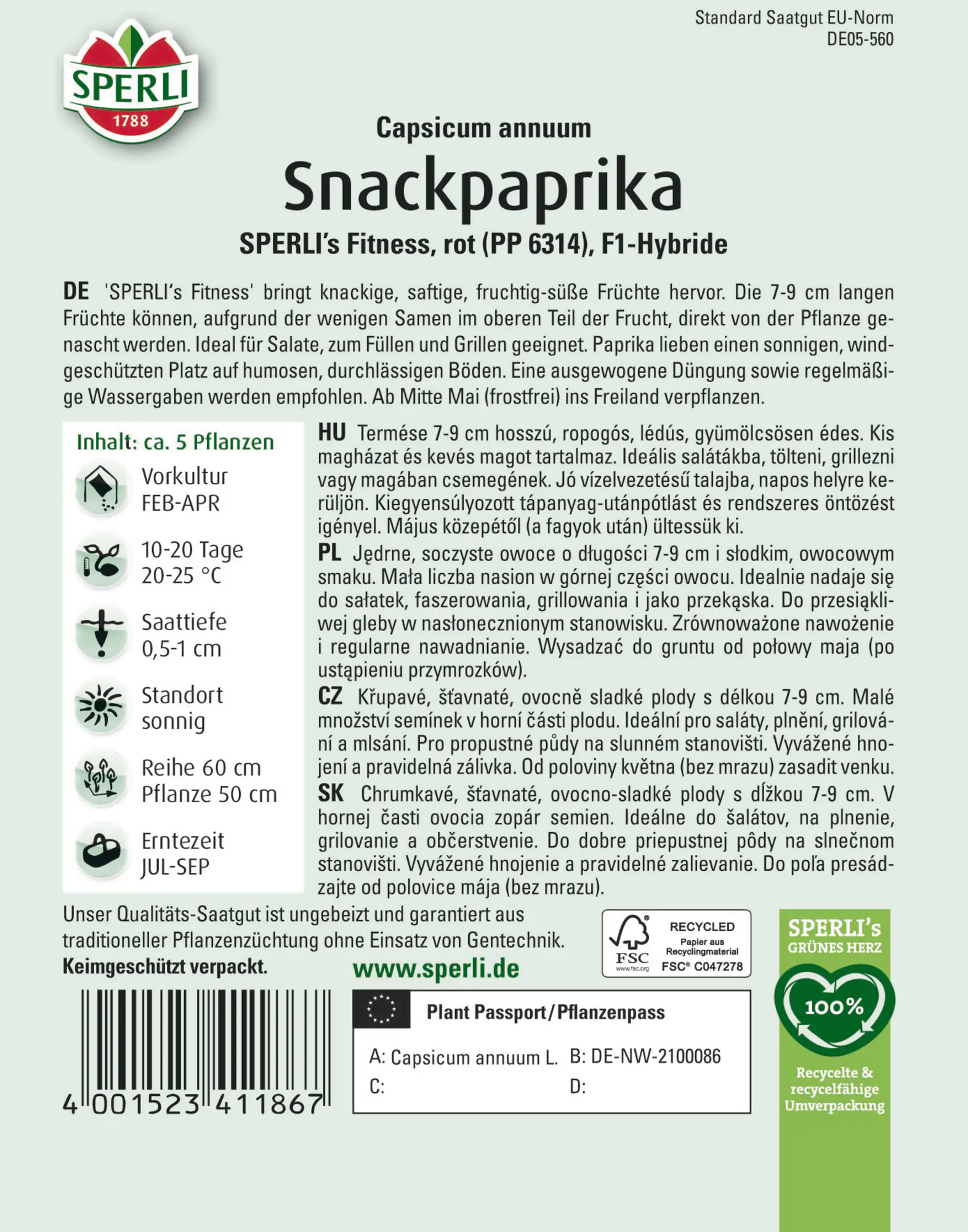 Sperli Saatgut Snackpaprika Fitness rot F1 für ca. 5 Pflanzen