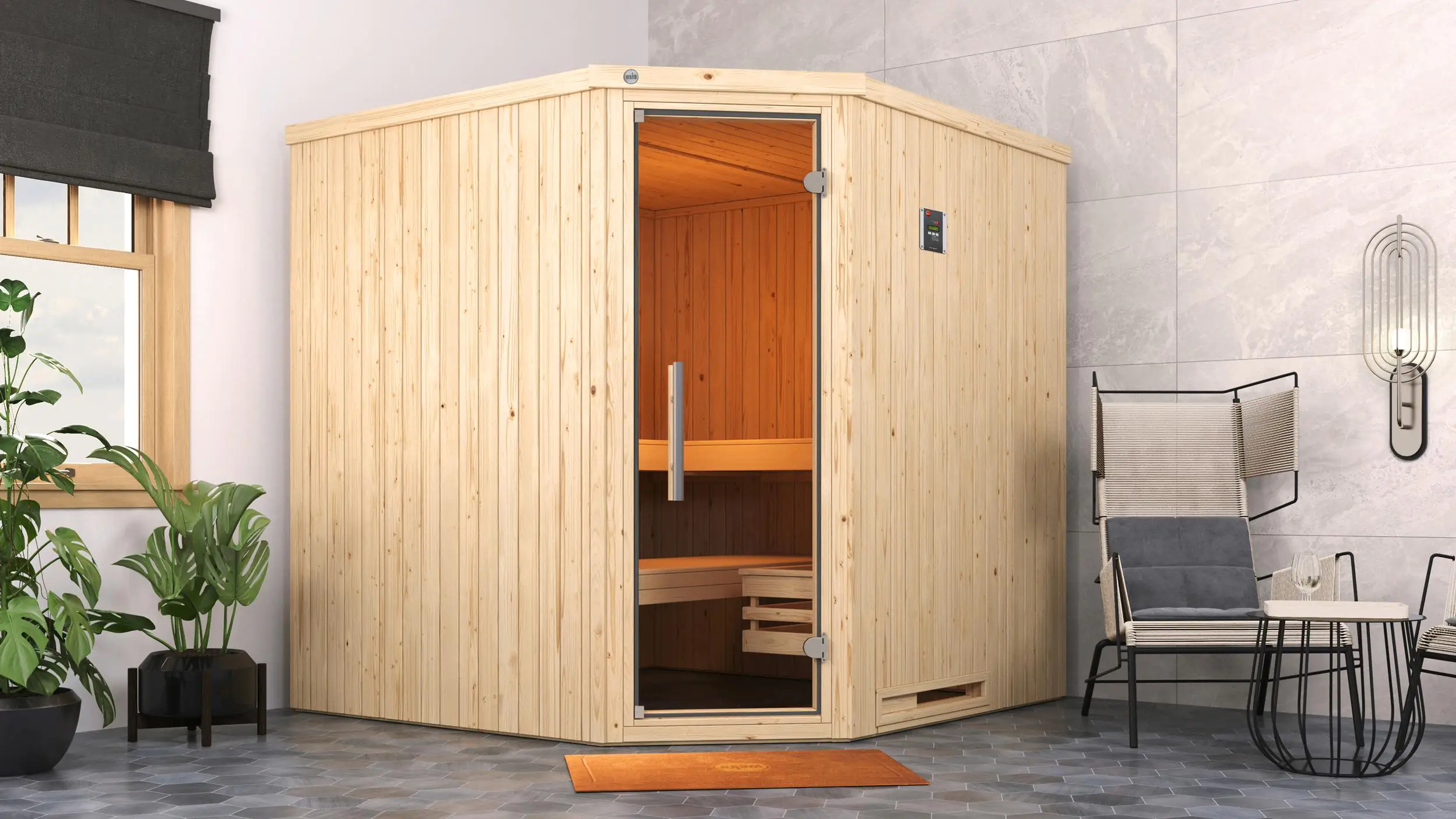 Weka Element-Ecksauna Varberg 3 GT OS mit Glastür