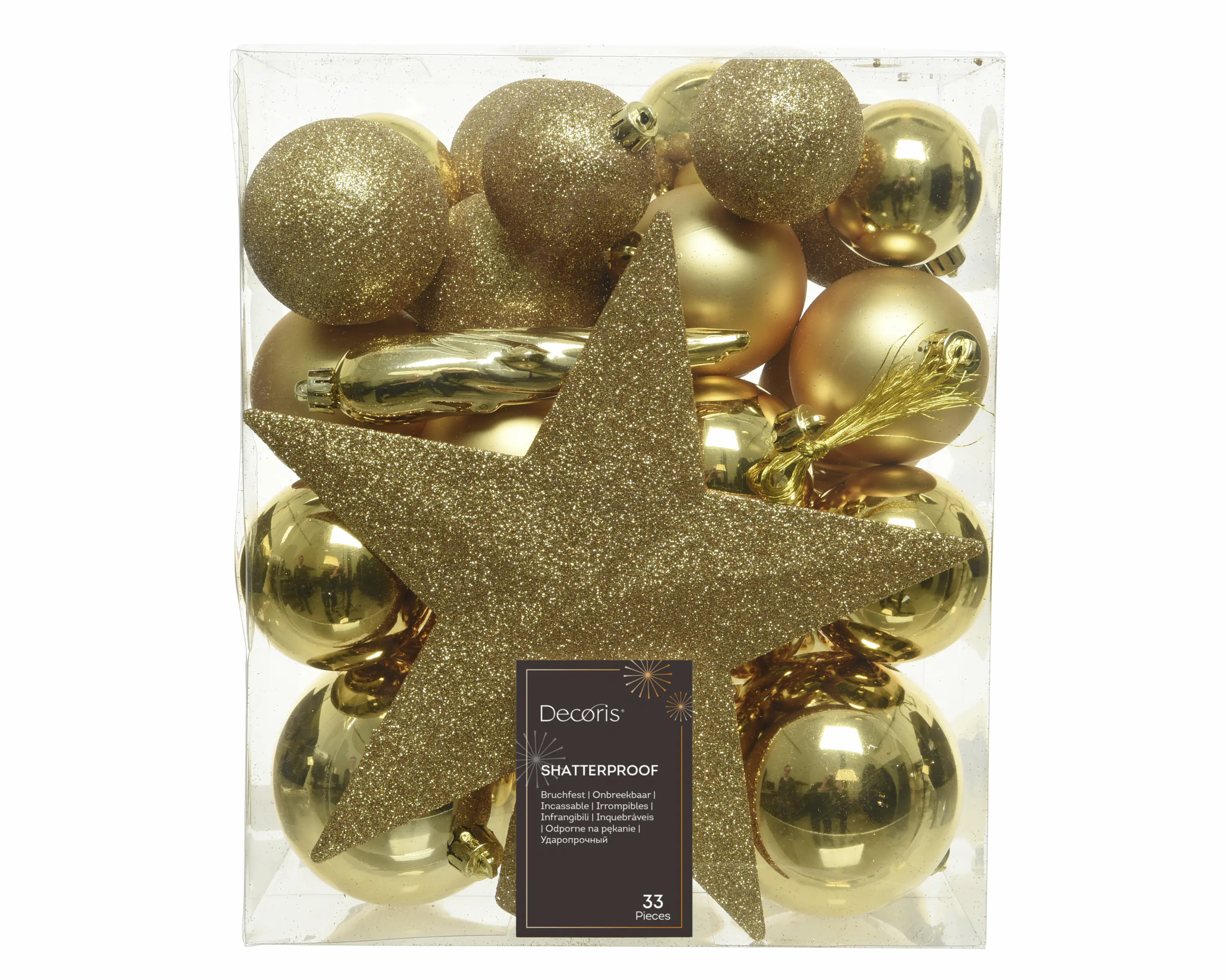 Decoris Weihnachtskugeln-Set aus Kunststoff Ø 8 cm hellgold 33-teilig