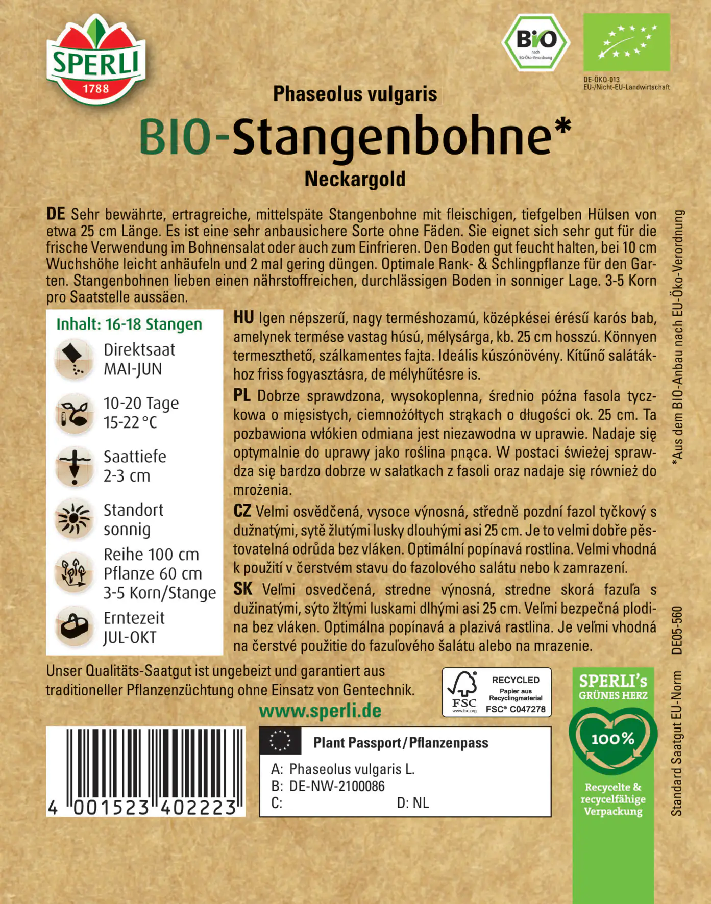 Sperli BIO Stangenbohne gelb