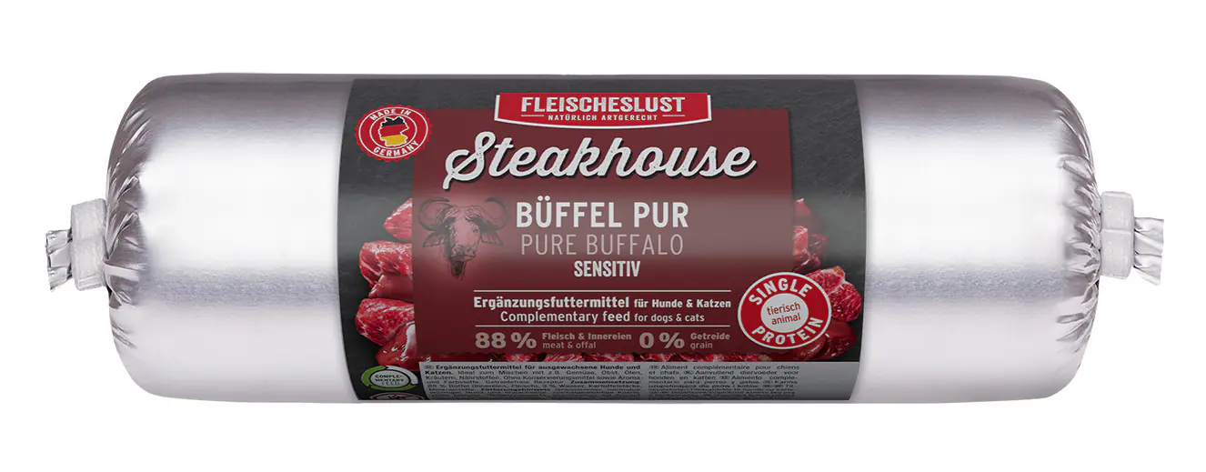 Fleischeslust Steakhouse Nassfutter für Hunde & Katzen Adult Sensitive getreidefrei 500 g Büffel pur