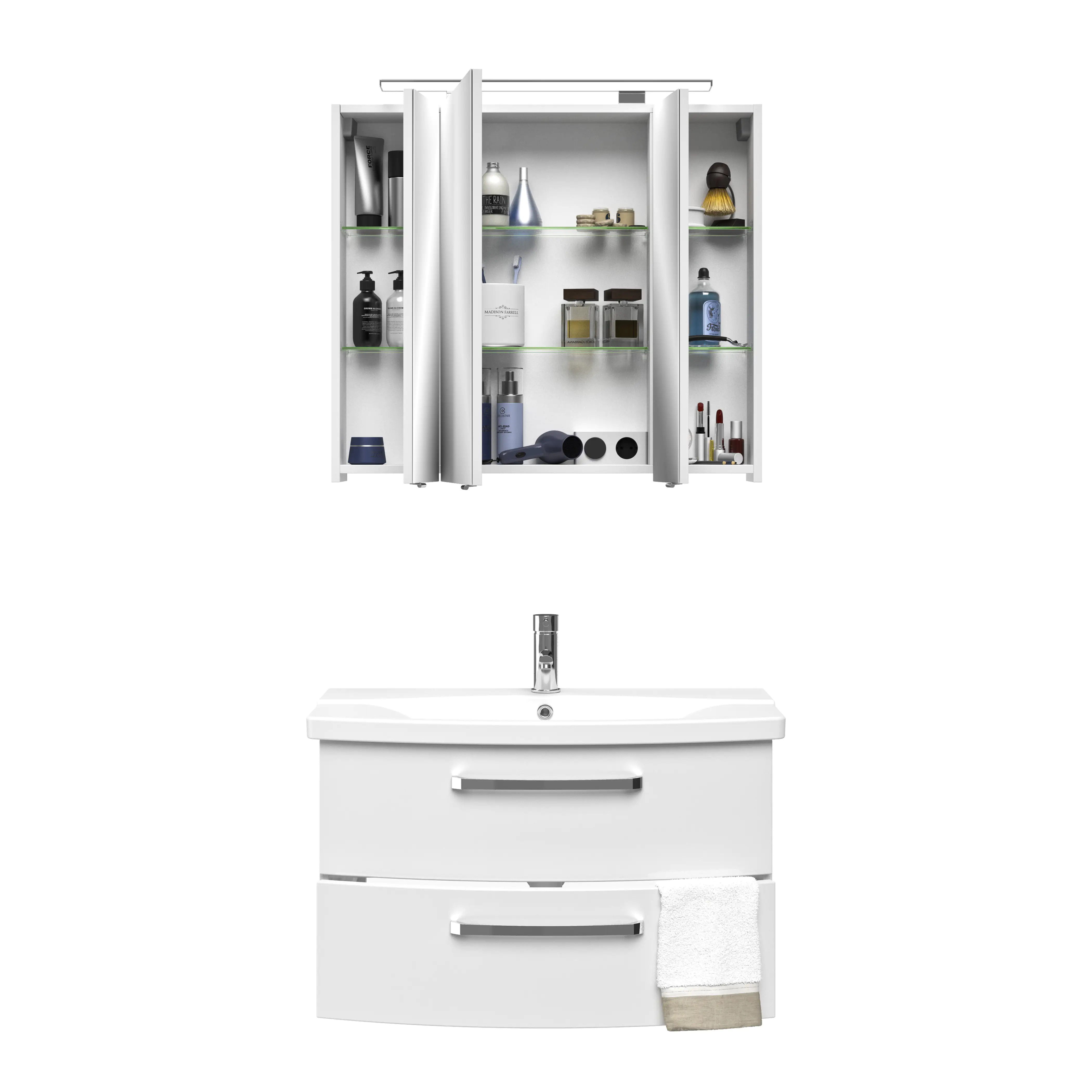 Pelipal Badmöbel-Set 4010 Weiß Hgl/Weiß Glanz mit Keramik-Waschtisch + LED-Leuchte 84 cm