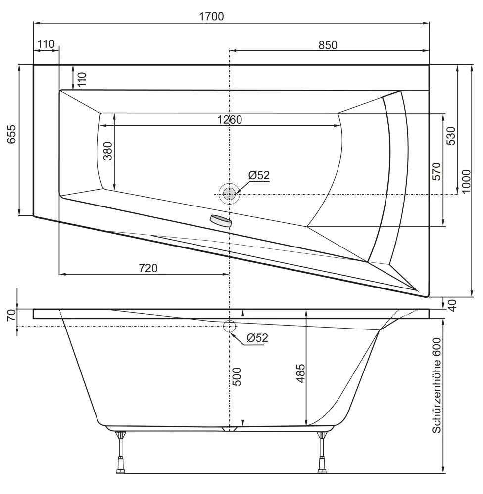 Ottofond Badewanne Galia I 170 x 100 x 65,5 cm, weiß, Modell A