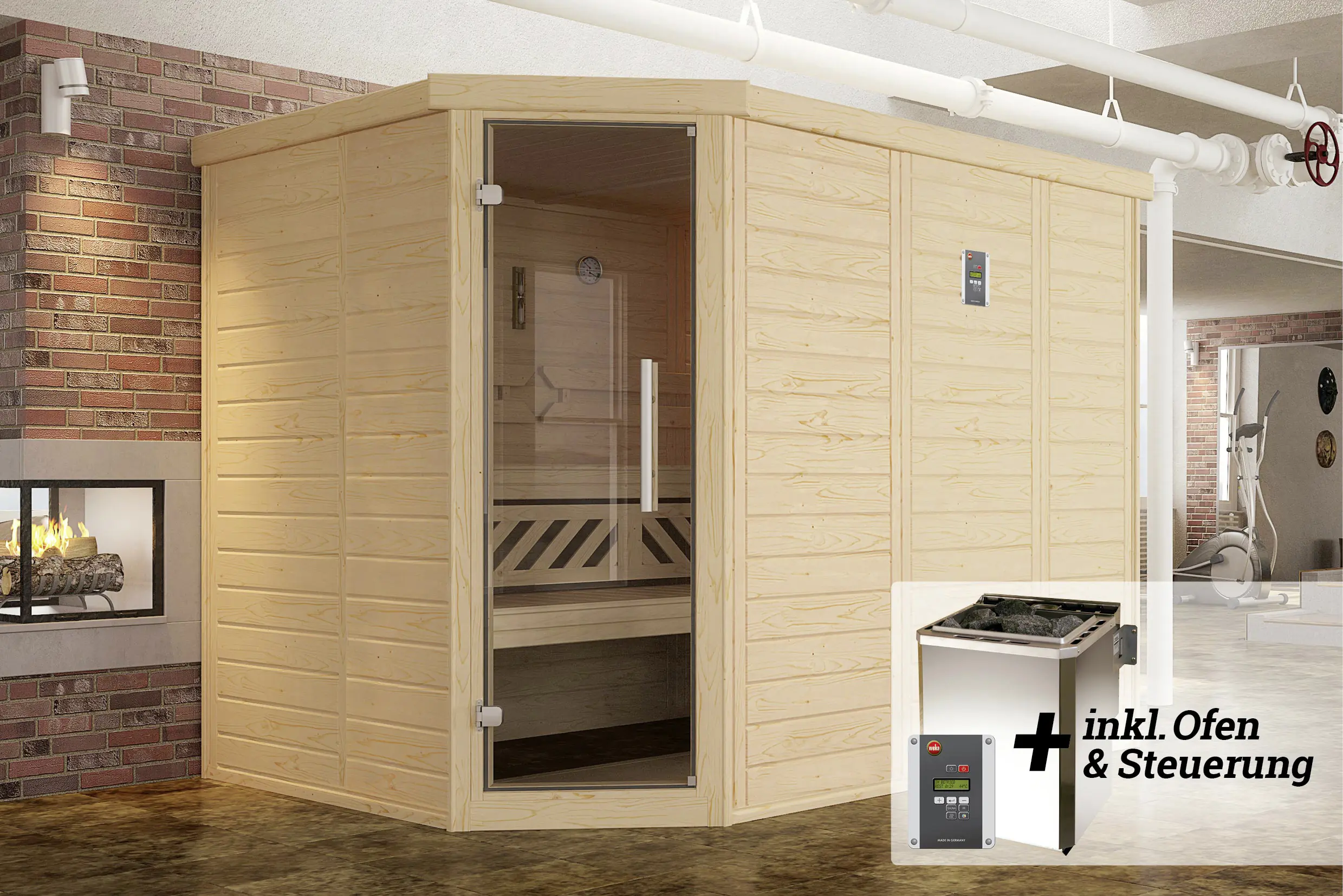 Weka Premium Massivholz-Elementsauna Kemi Eck Gr. 3 Sparset 7,5 kW BioS
