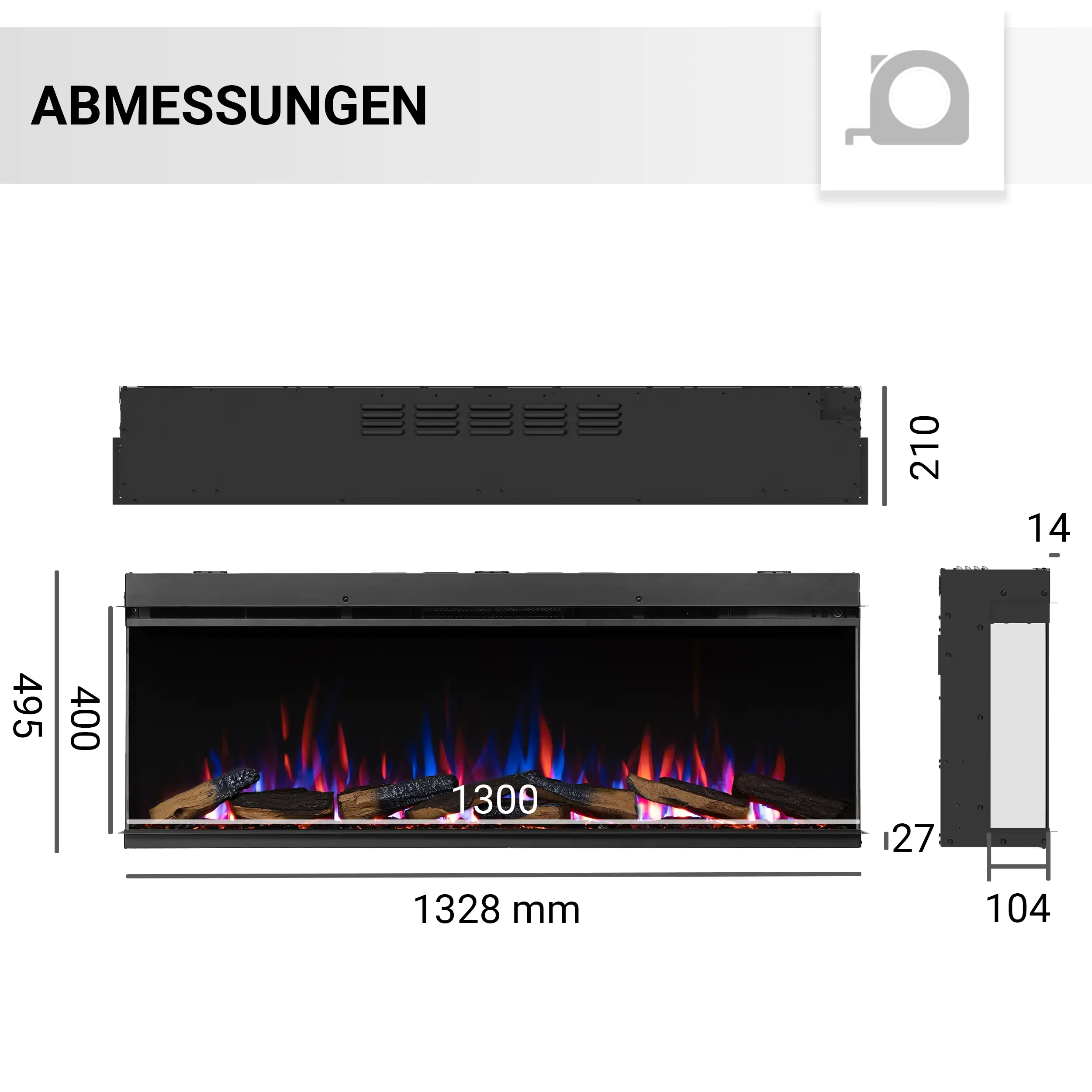 Balderia Elektrokamin schwarz Athena 52 1000/1500 Watt 49,5 x 132,8 cm