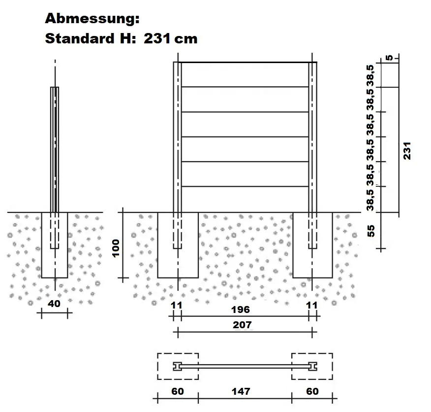 Betonzaun Erweiterungsset mit Zwischenpfosten Standard Fels 231 cm