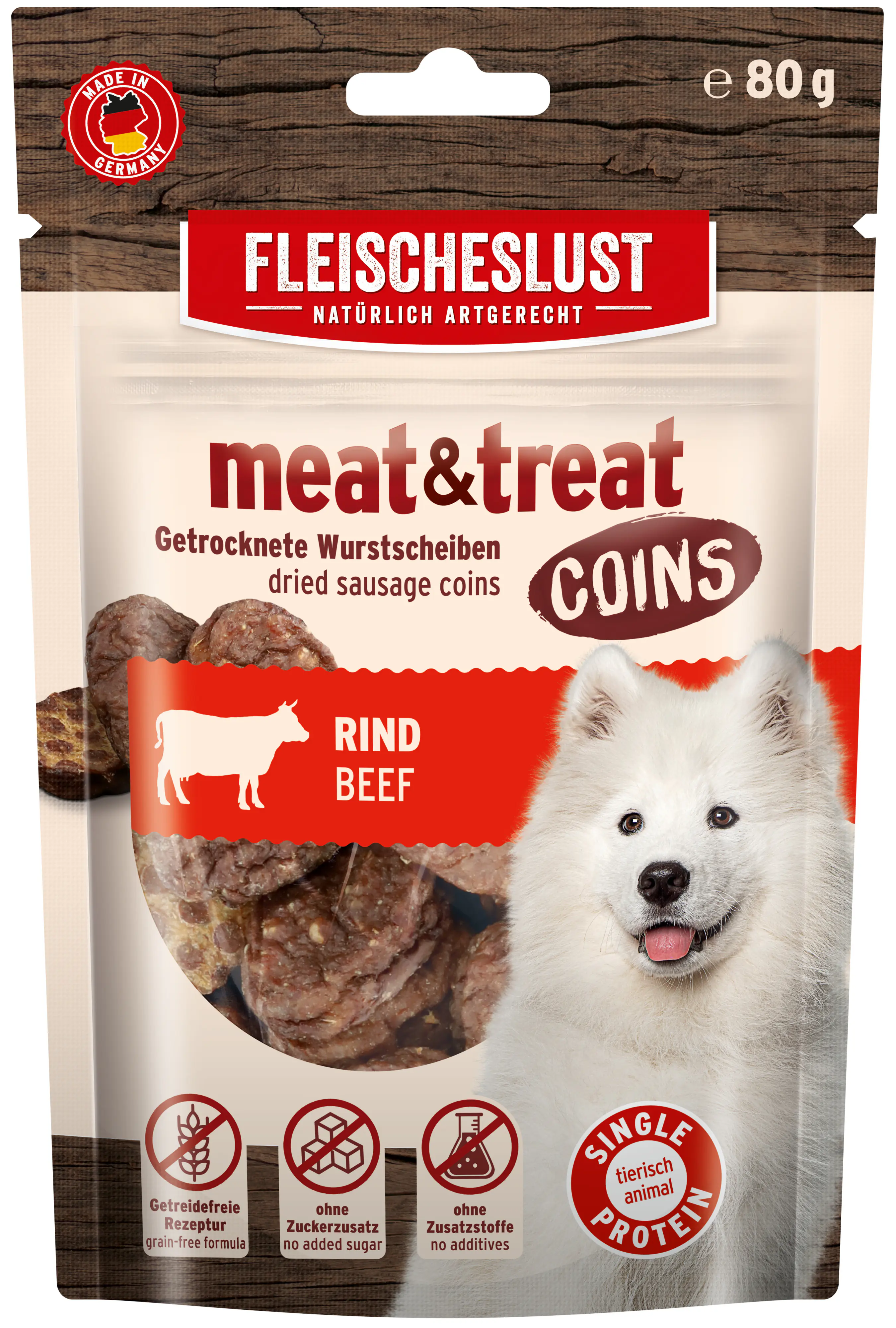 Fleischeslust meat&treat Coins Hundesnack Adult getreidefrei 80 g Rind