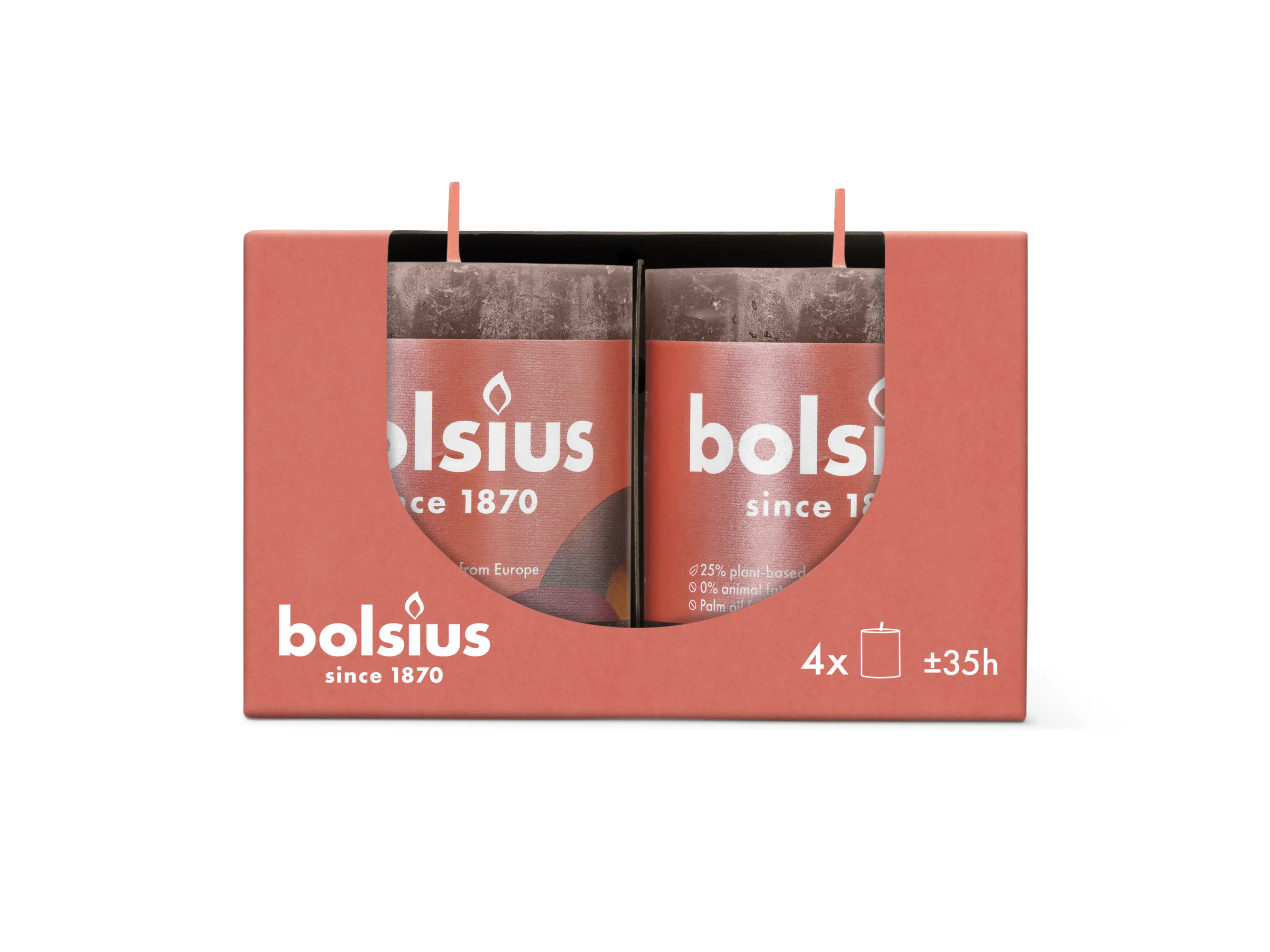 Bolsius Stumpenkerze Rustik Ø 6,8 x 8 cm rustikales taupe 4er Pack
