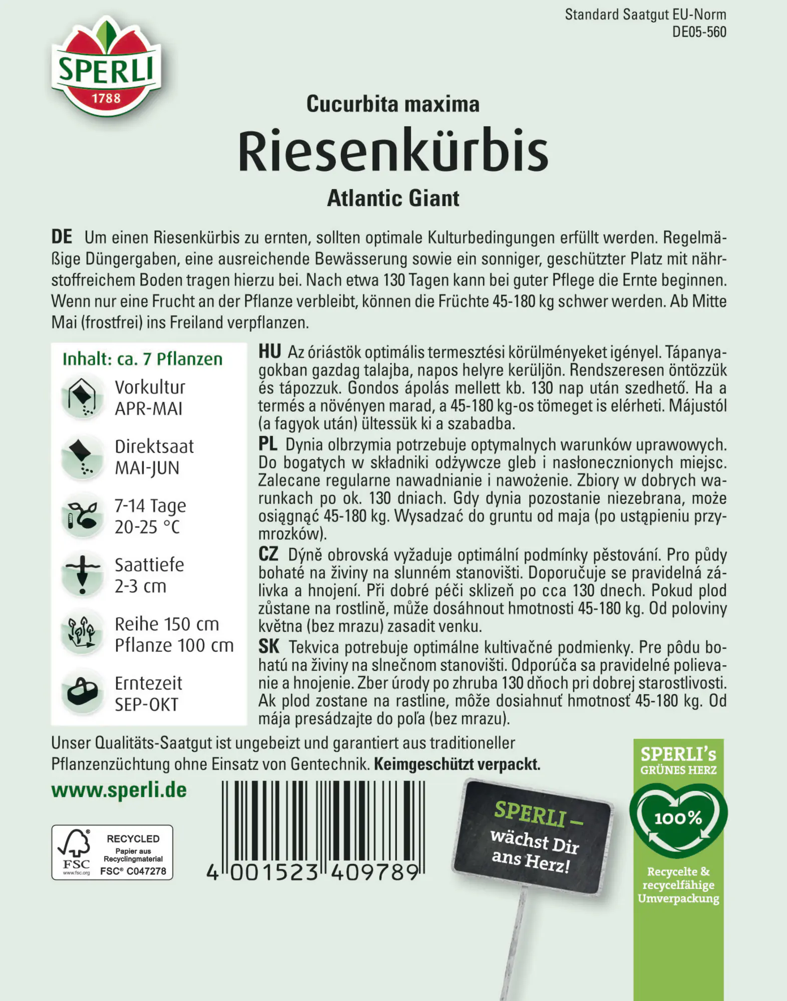 Sperli Saatgut Riesenkürbis Atlantic Giant für ca. 7 Pflanzen