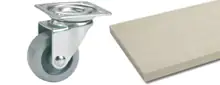 Links eine Lenkrolle mit Metallgehäuse und Gummirad, rechts eine beige Platte mit glatter Oberfläche.