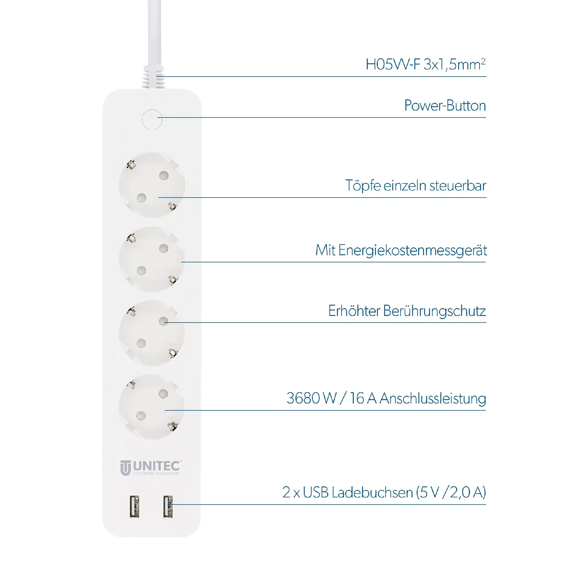 Unitec Steckdosenleiste 4-fach 1,8 m Wifi weiß, steuerbar mit Google