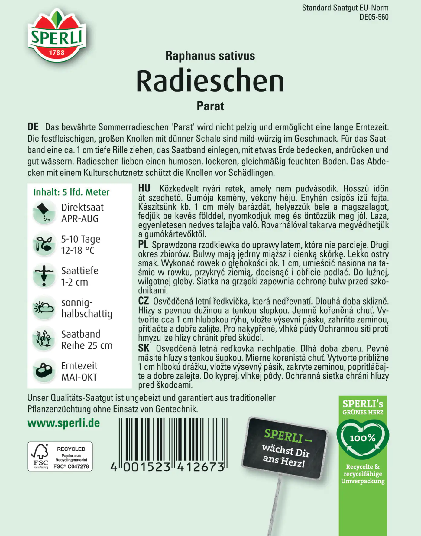 Sperli Radieschen Parat Saatband