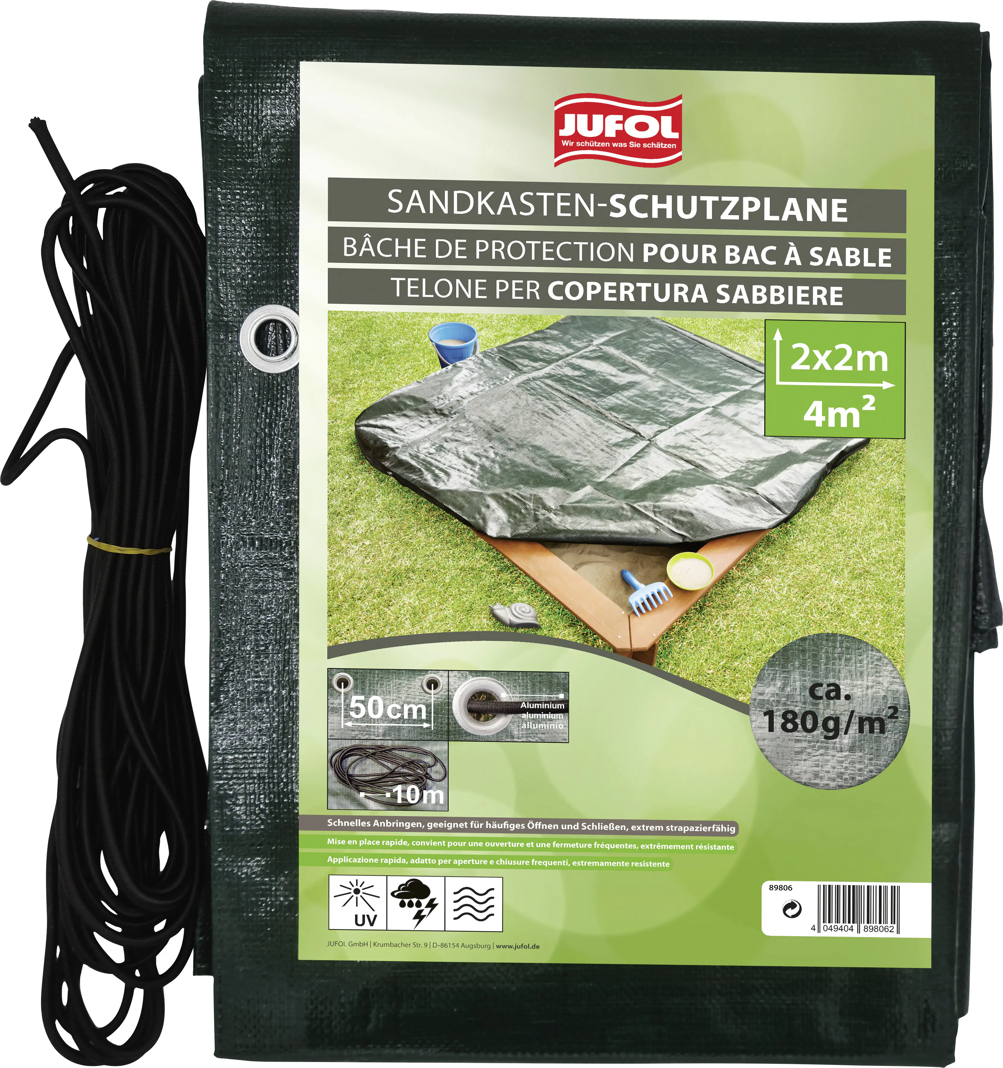 Jufol Abdeckplane für Sandkasten 2 x 2 m = 4 m² - 180 g/m² grün