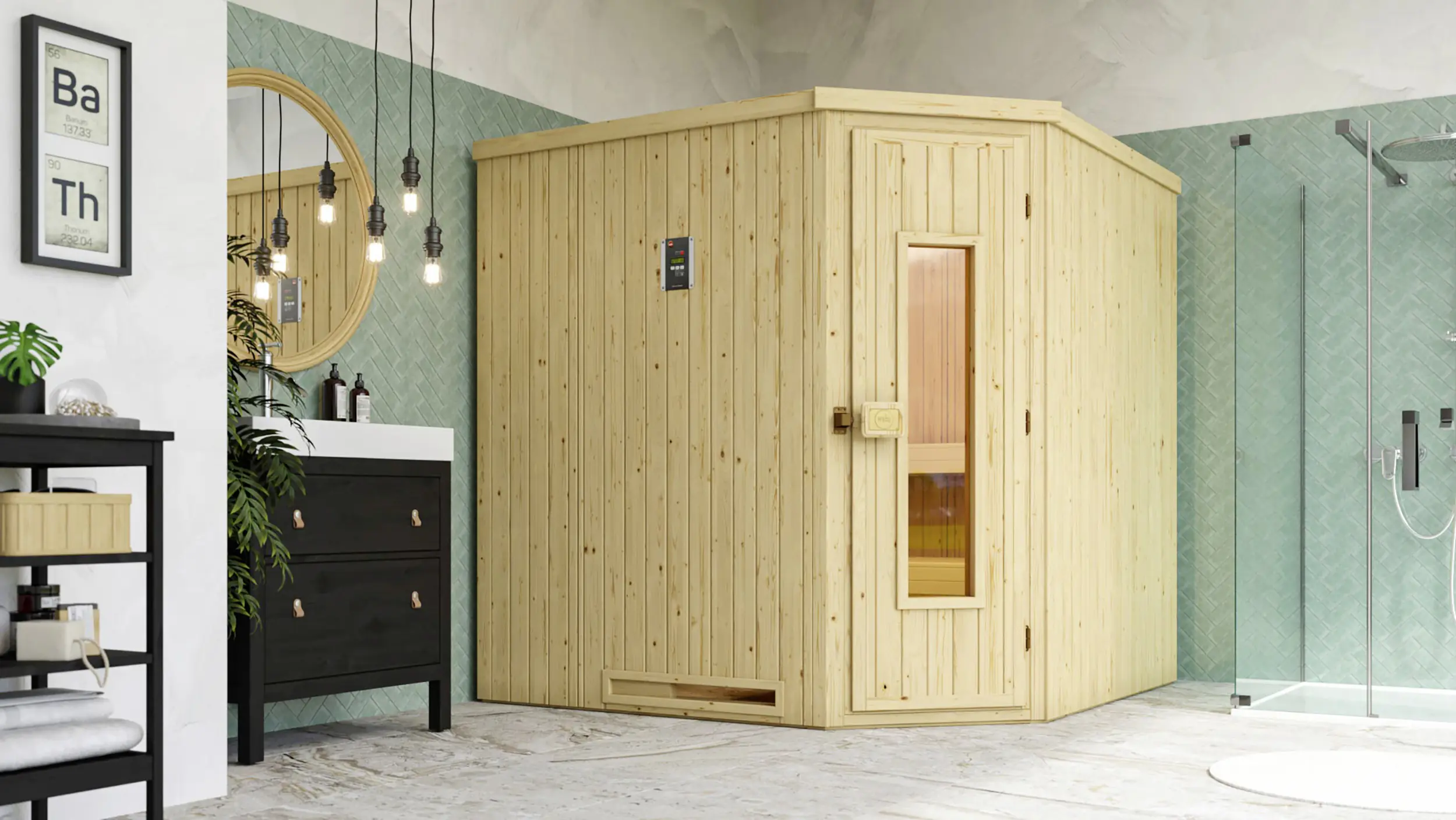 Weka Element-Ecksauna Varberg 3 HT BioS mit Holztür