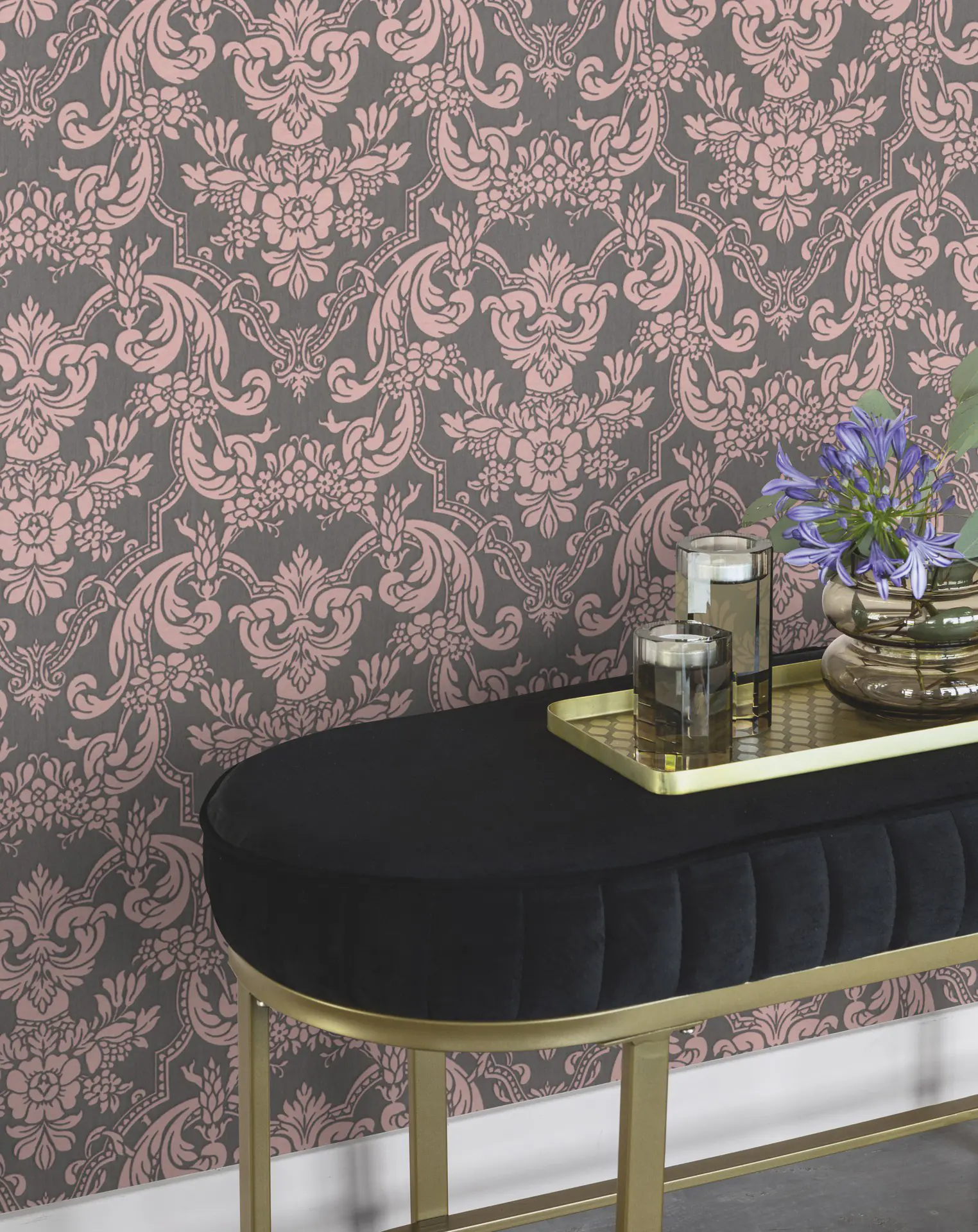 Rasch Vliestapete 570649 Trianon XIII ornament grau-rose, 10,05 x 0,53 m