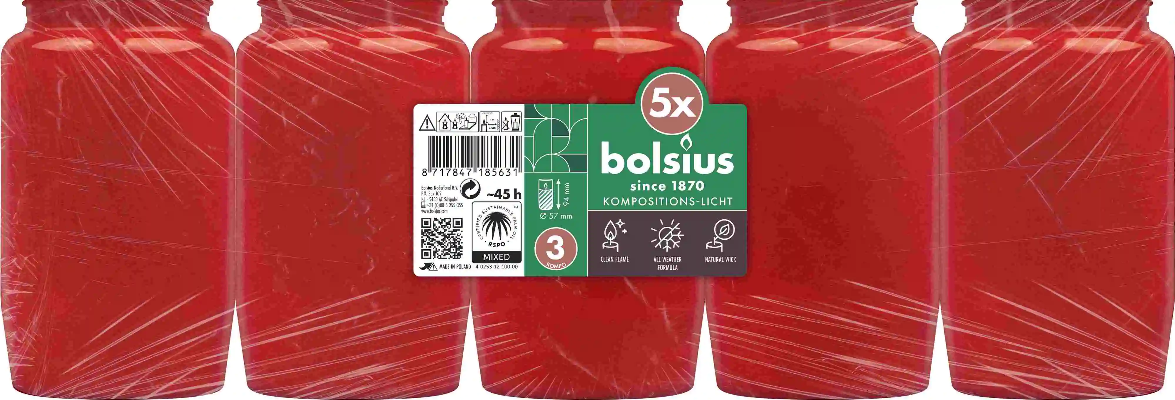 Bolsius Kompolicht Nr.3 rot Allwetter 5,7 x 9,4 cm 5er Pack 