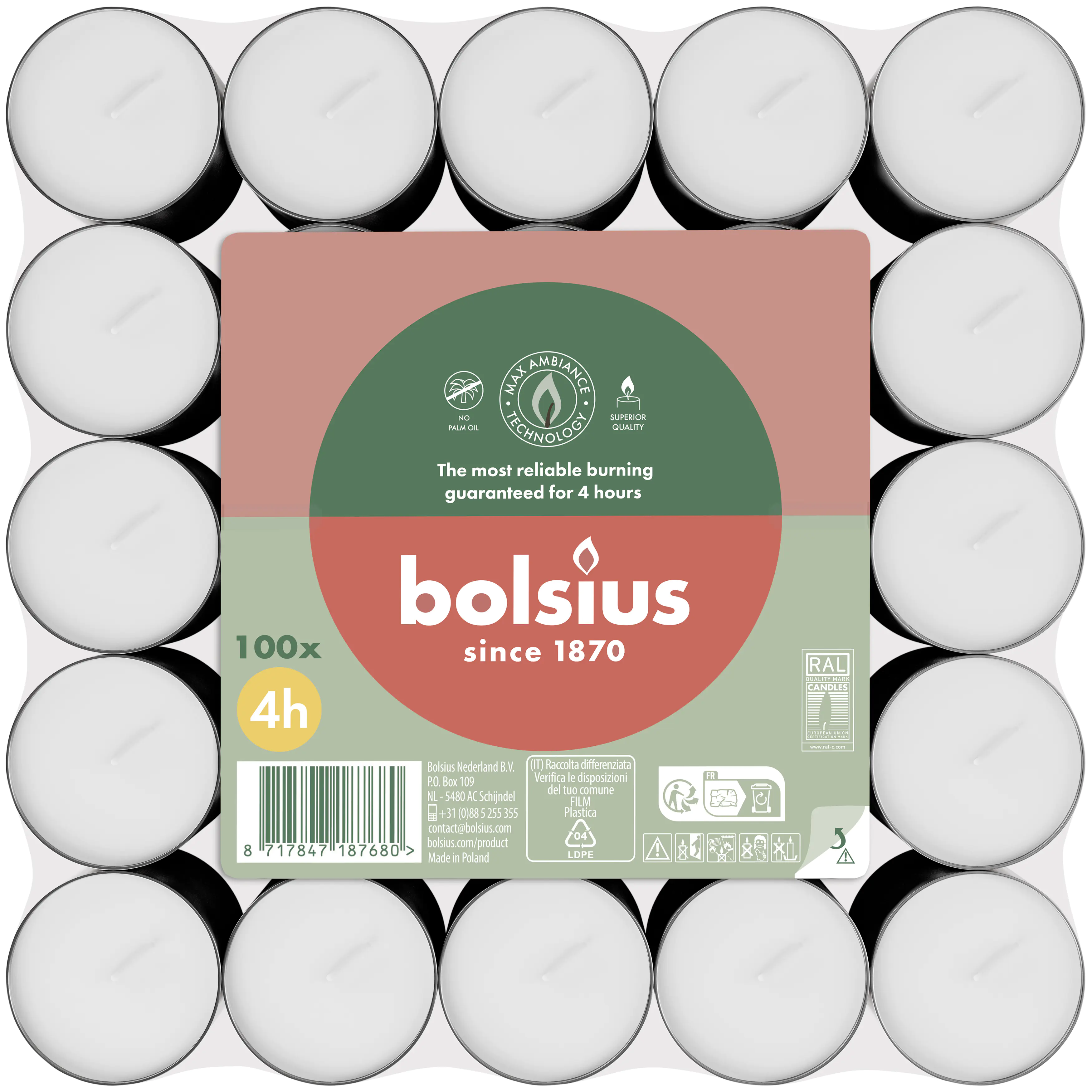 Bolsius Teelichte 100er Flatpack 4 Stunden weiß