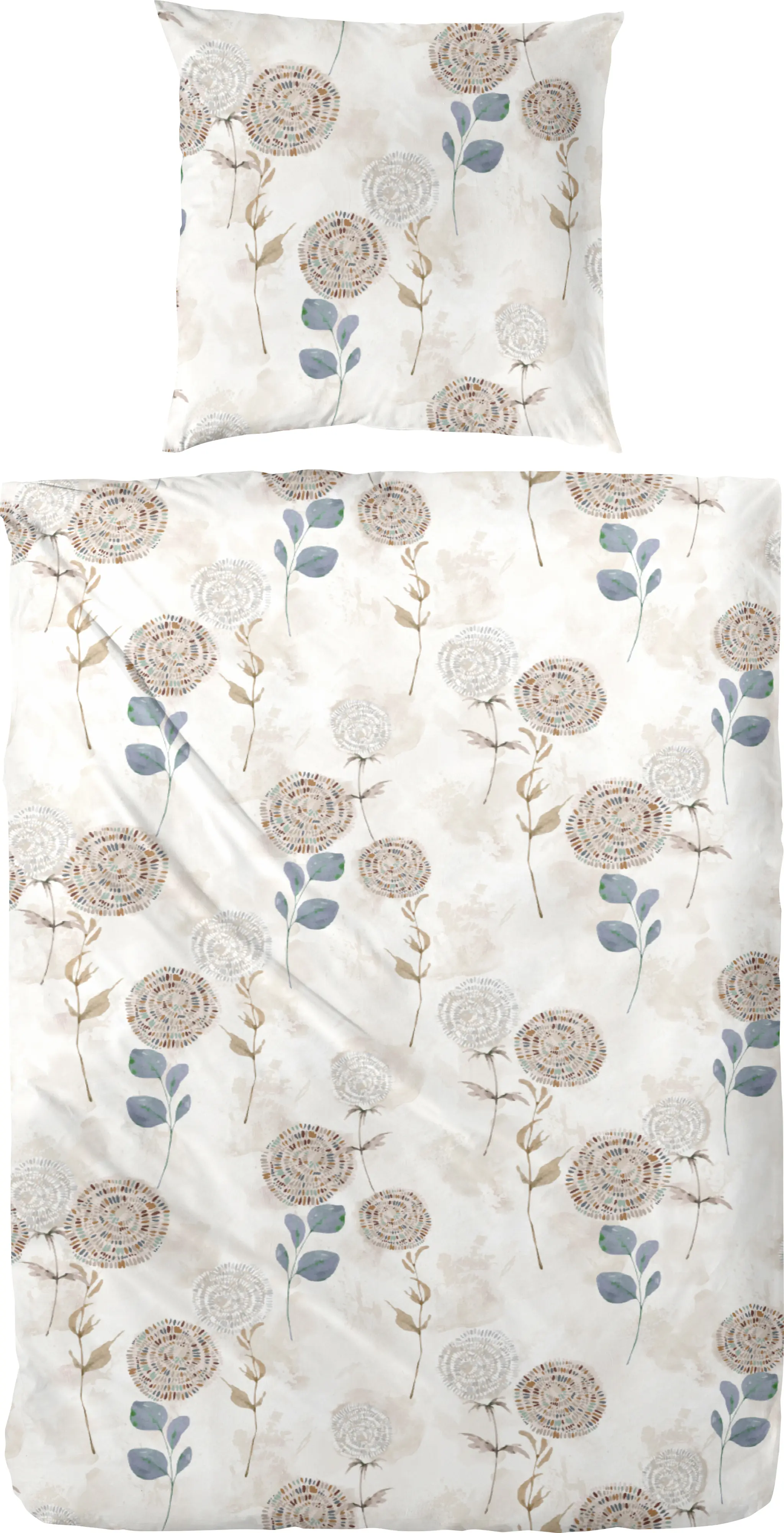 Edelflanell Bettwäsche Blumen beige/blau 135 x 200 cm