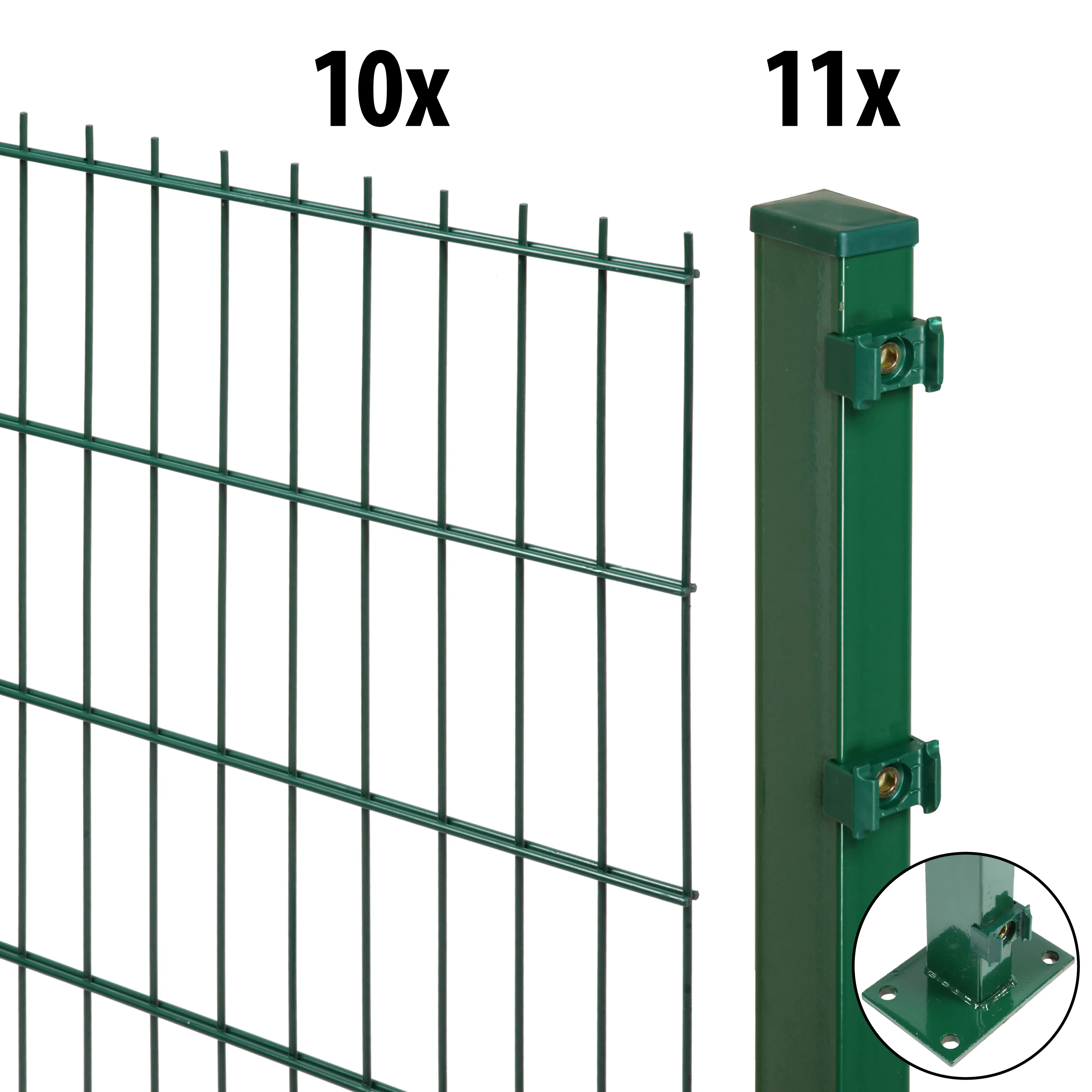 Floraworld Doppelstabmatten-Zaun Set Comfort 20 m 201 x 83 cm mit Bodenplatte & 11 Pfosten 89 cm moosgrün