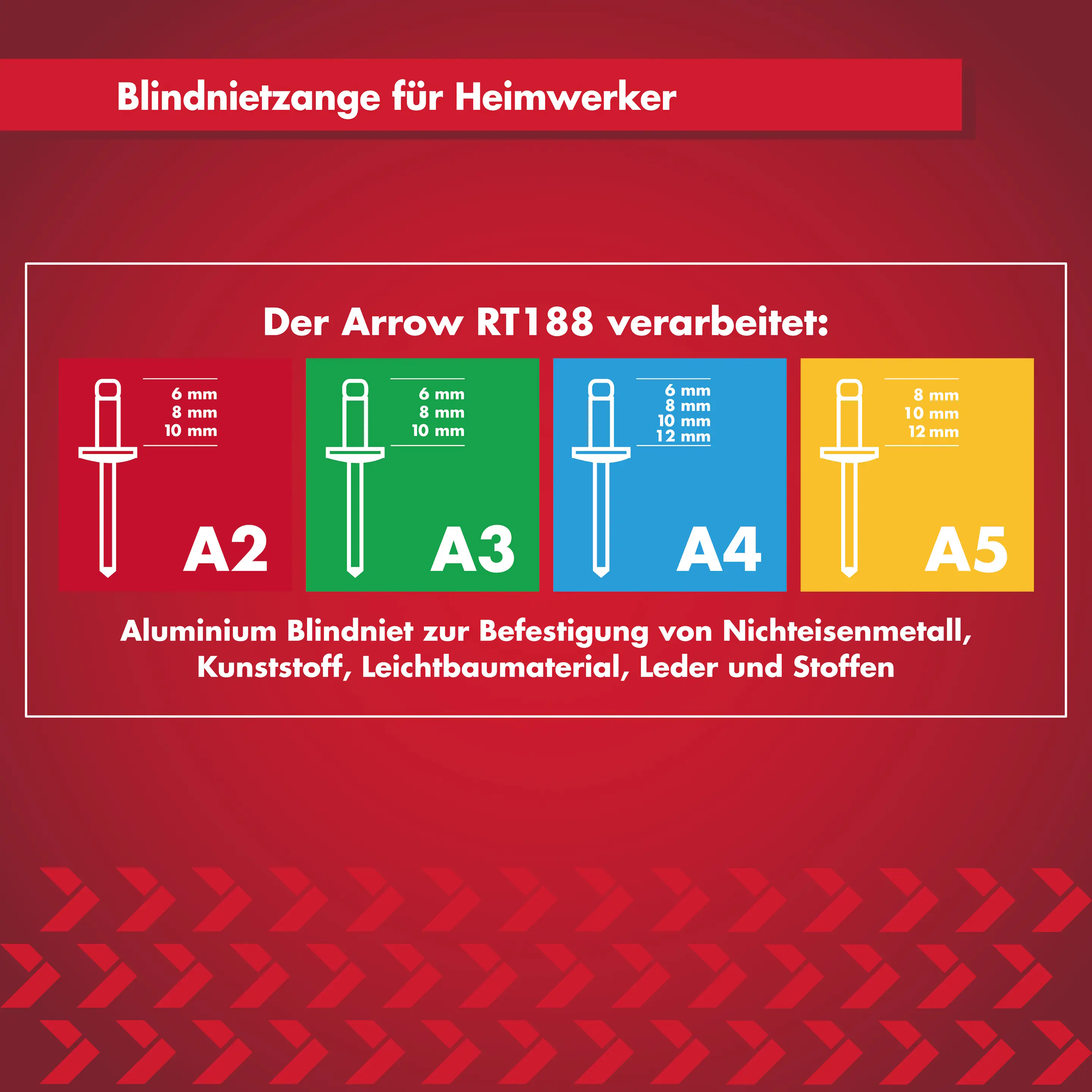 Arrow Blindnietzange RT188 Set 20,8 cm inkl. 100 Nieten, 4 HSS-Bohrer & 4 passende Mundstücke
