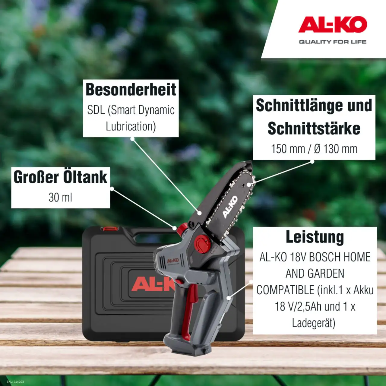 Alko Akku-Mini-Kettensäge CSM 1815 15 cm Schwertlänge Set