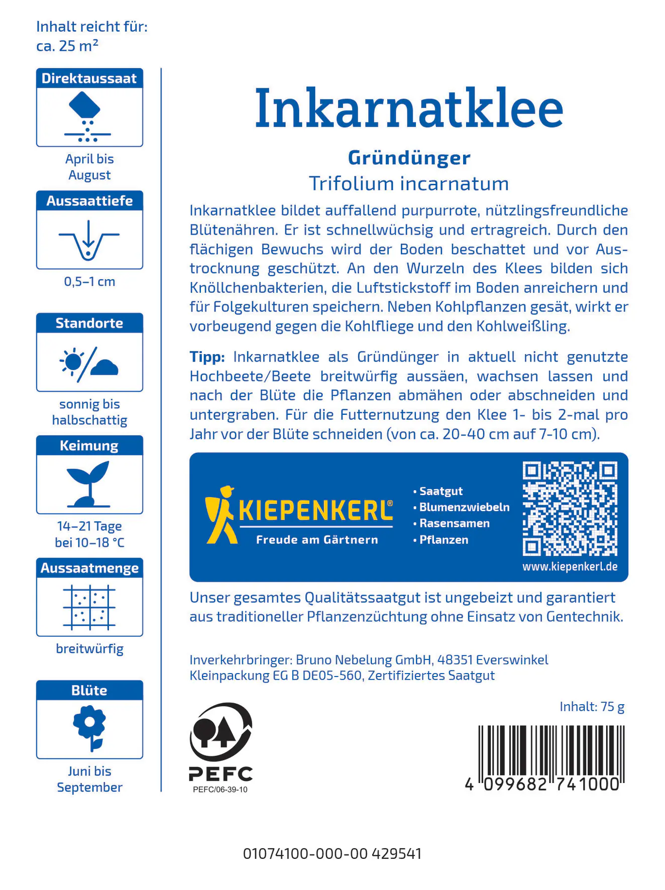 Kiepenkerl Saatgut Inkarnatklee Rosenklee für ca. 25 m²